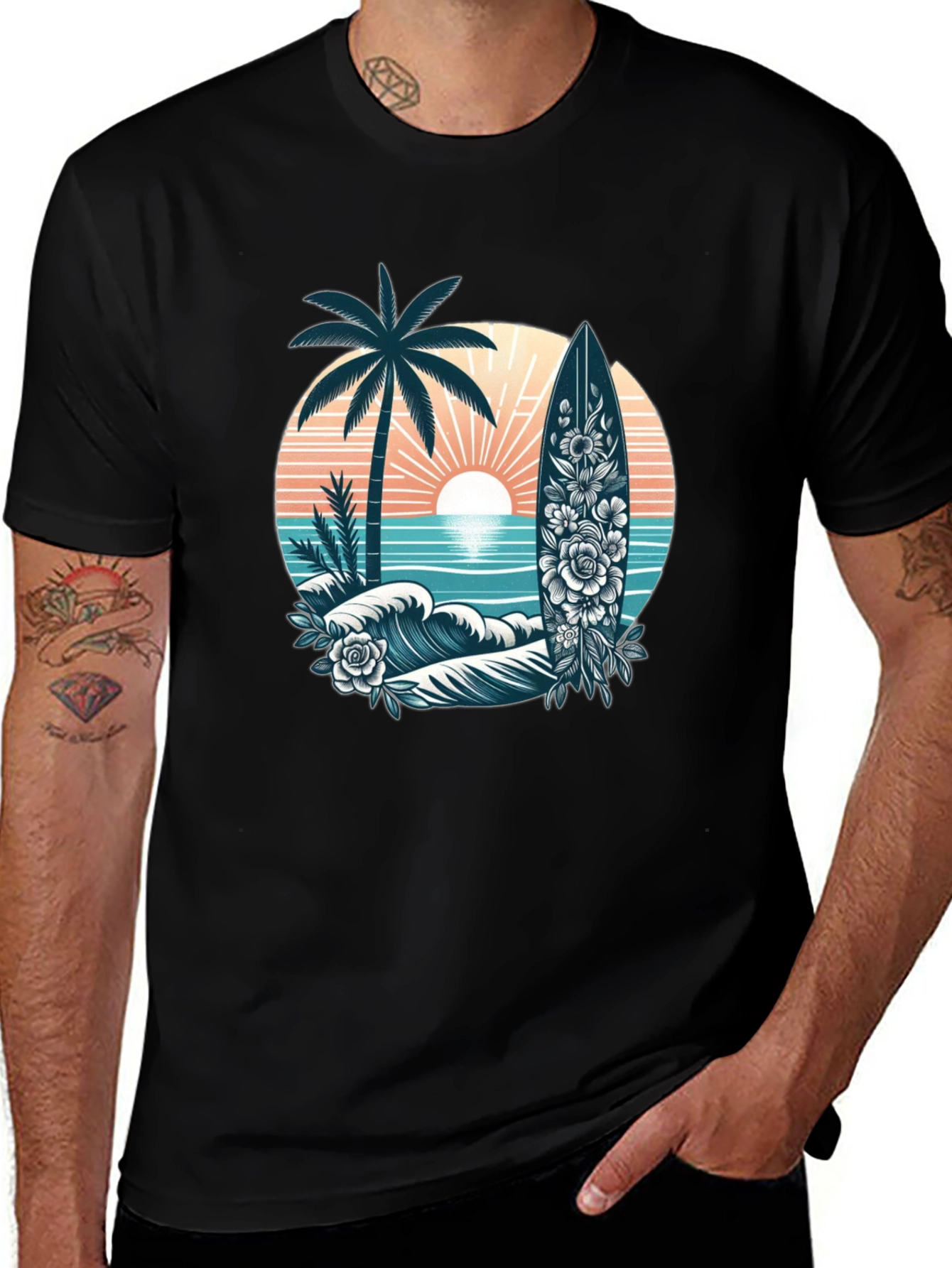 Tropical Surf T-Shirt: Palm Tree Waves Floral Surfboard