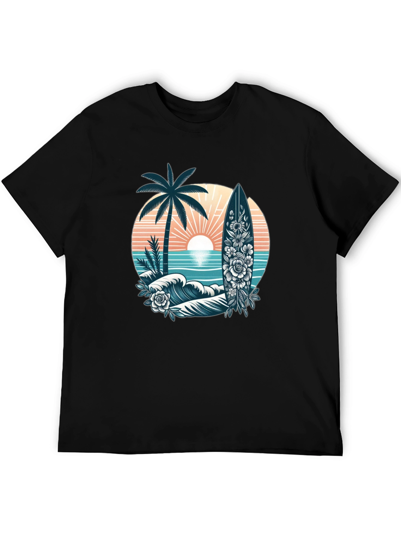 Tropical Surf T-Shirt: Palm Tree Waves Floral Surfboard