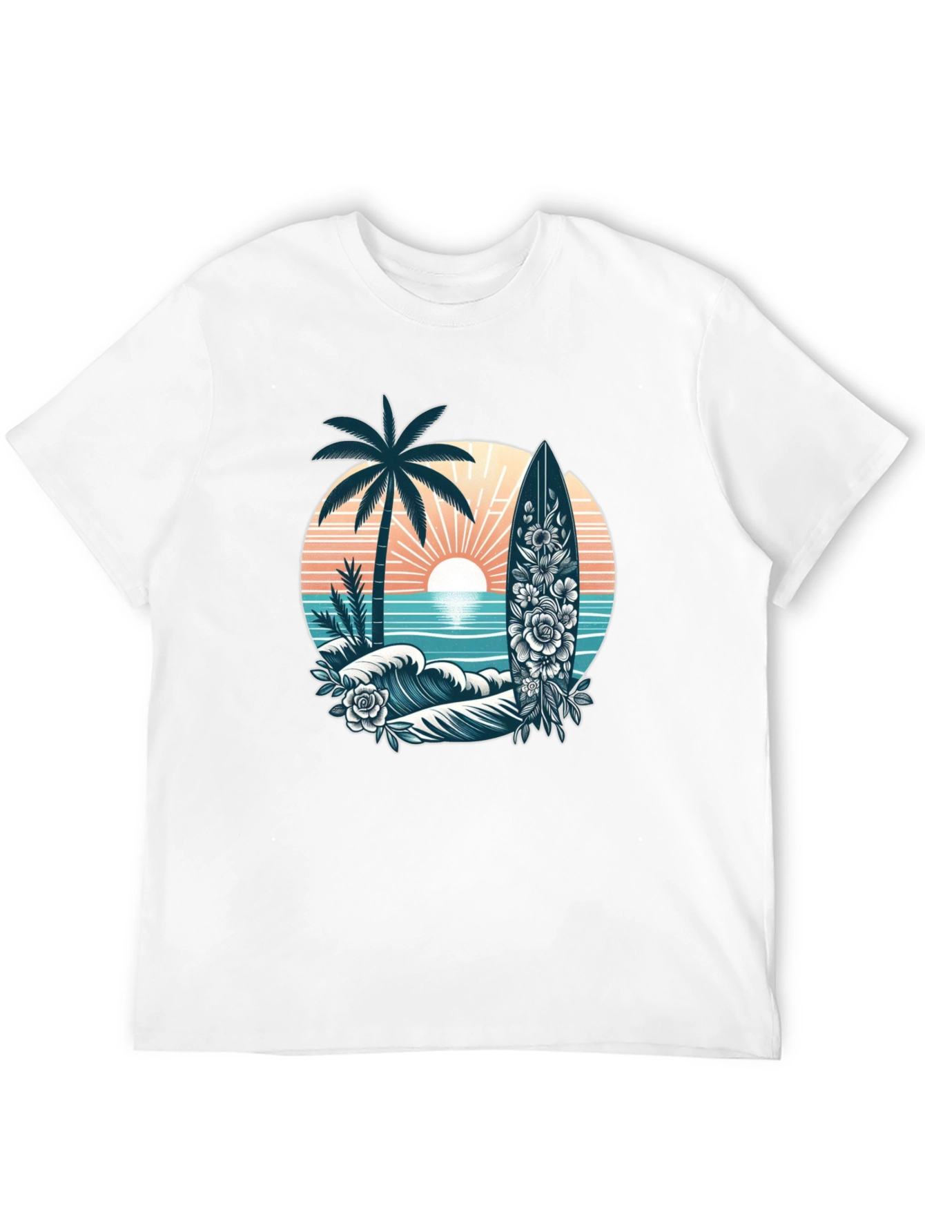 Tropical Surf T-Shirt: Palm Tree Waves Floral Surfboard