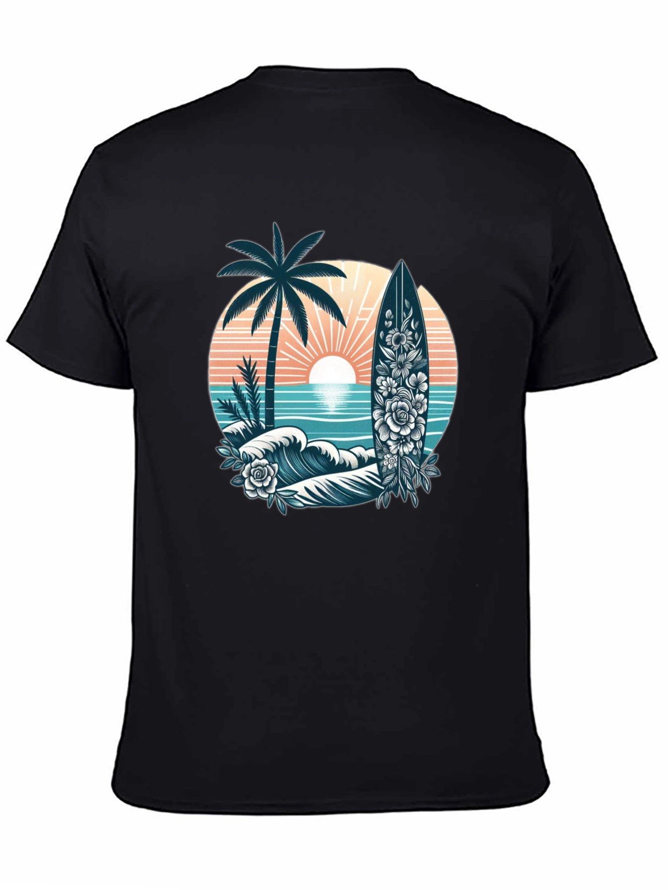 Tropical Surf T-Shirt: Palm Tree Waves Floral Surfboard