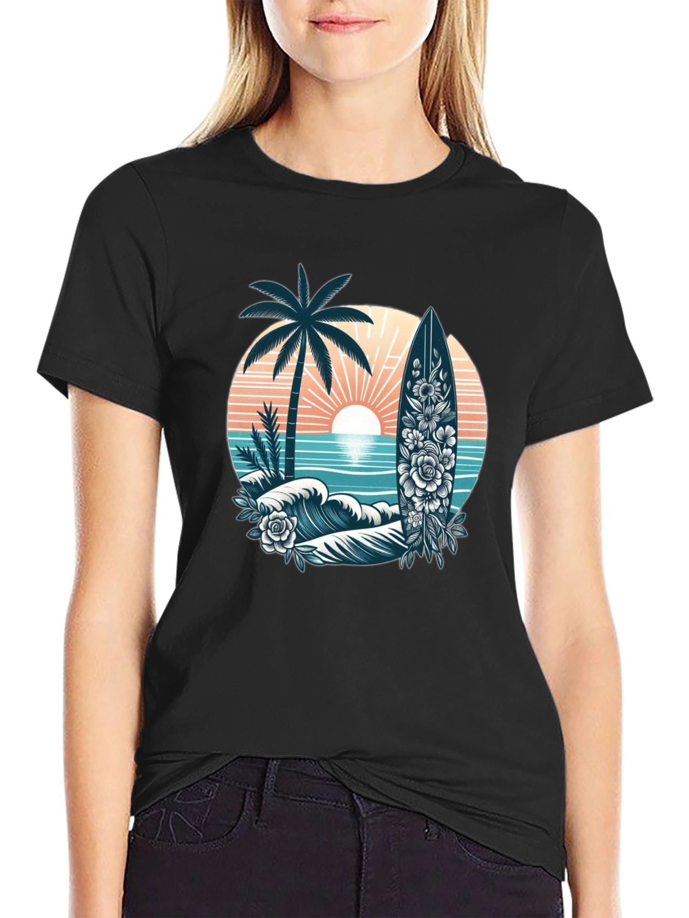 Tropical Surf T-Shirt: Palm Tree Waves Floral Surfboard