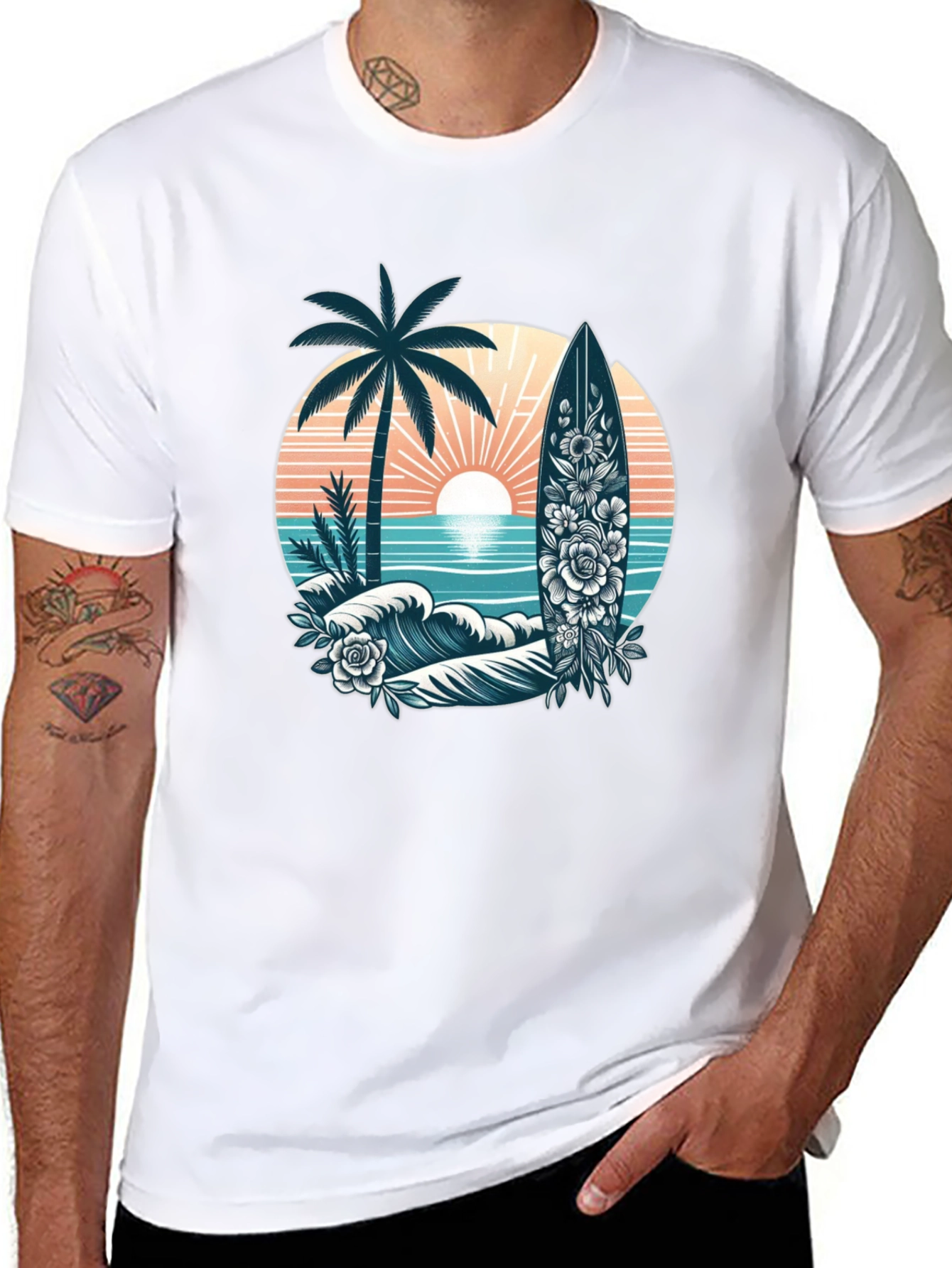 Tropical Surf T-Shirt: Palm Tree Waves Floral Surfboard