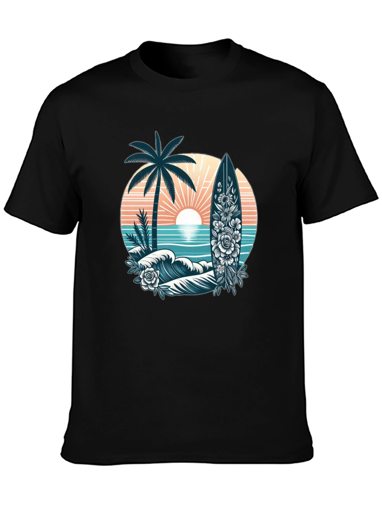 Tropical Surf T-Shirt: Palm Tree Waves Floral Surfboard