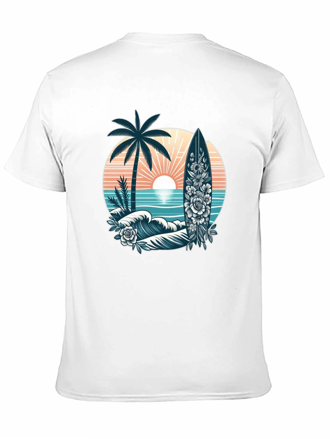 Tropical Surf T-Shirt: Palm Tree Waves Floral Surfboard