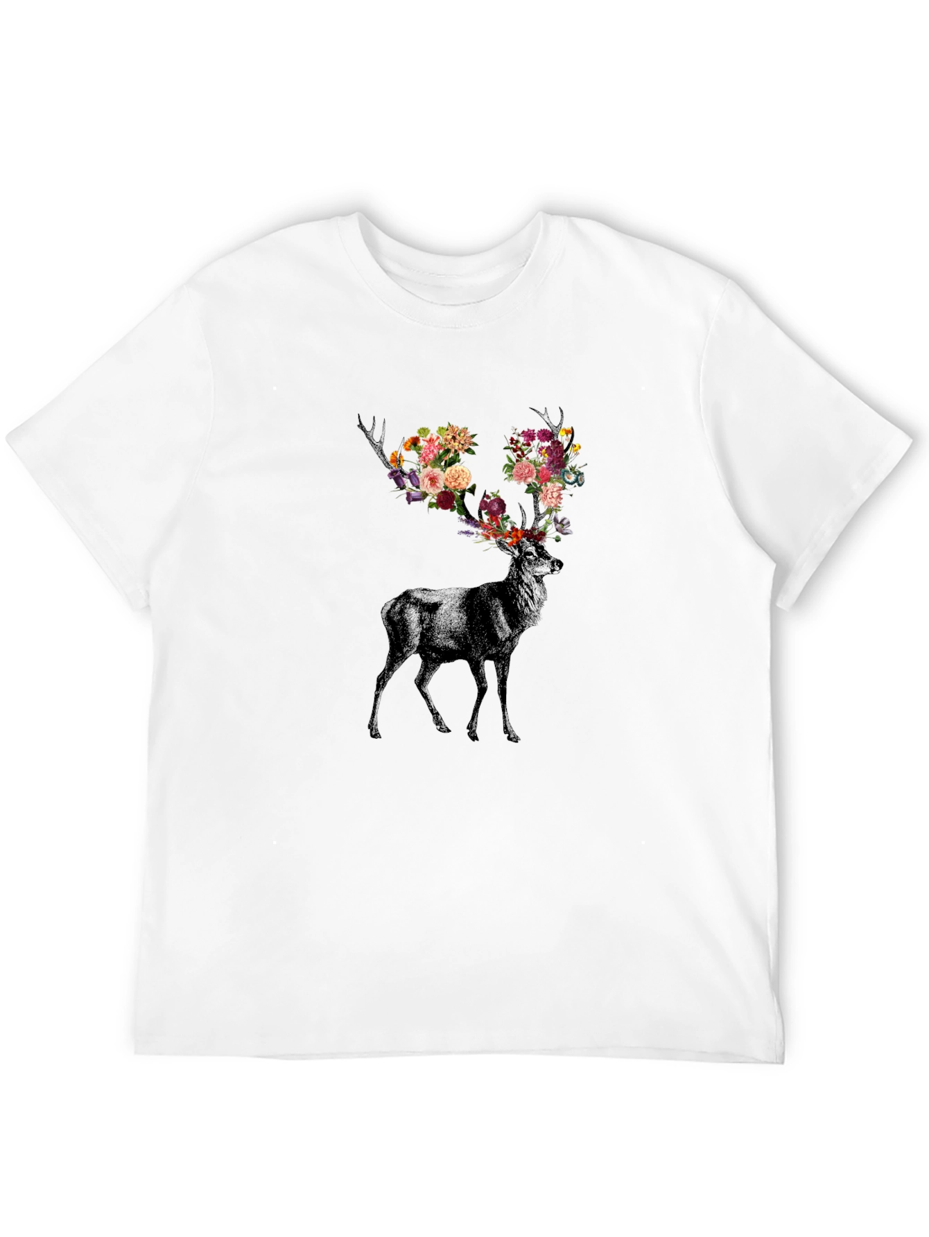 Floral Antler Deer Graphic Tee - Black