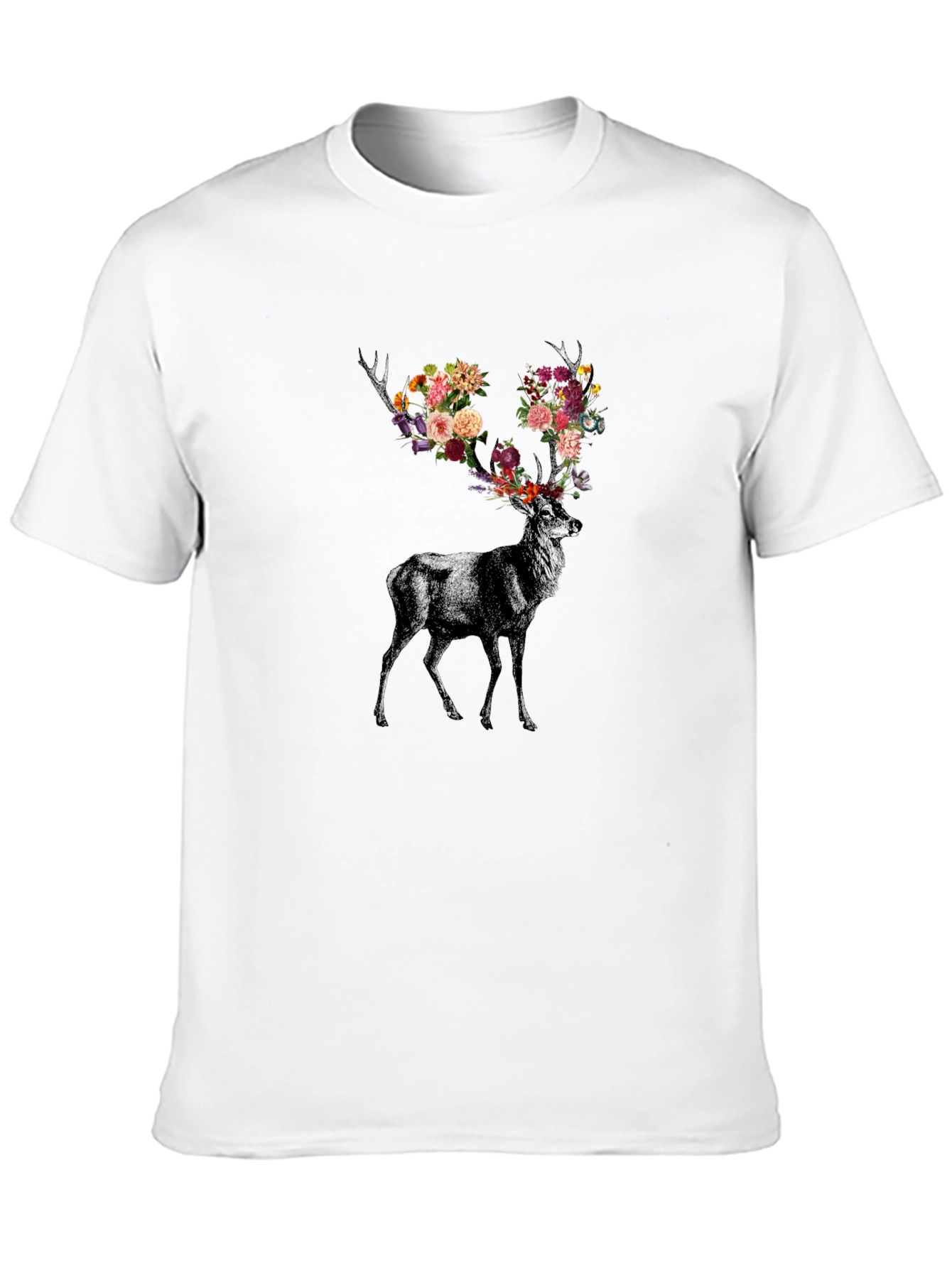 Floral Antler Deer Graphic Tee - Black