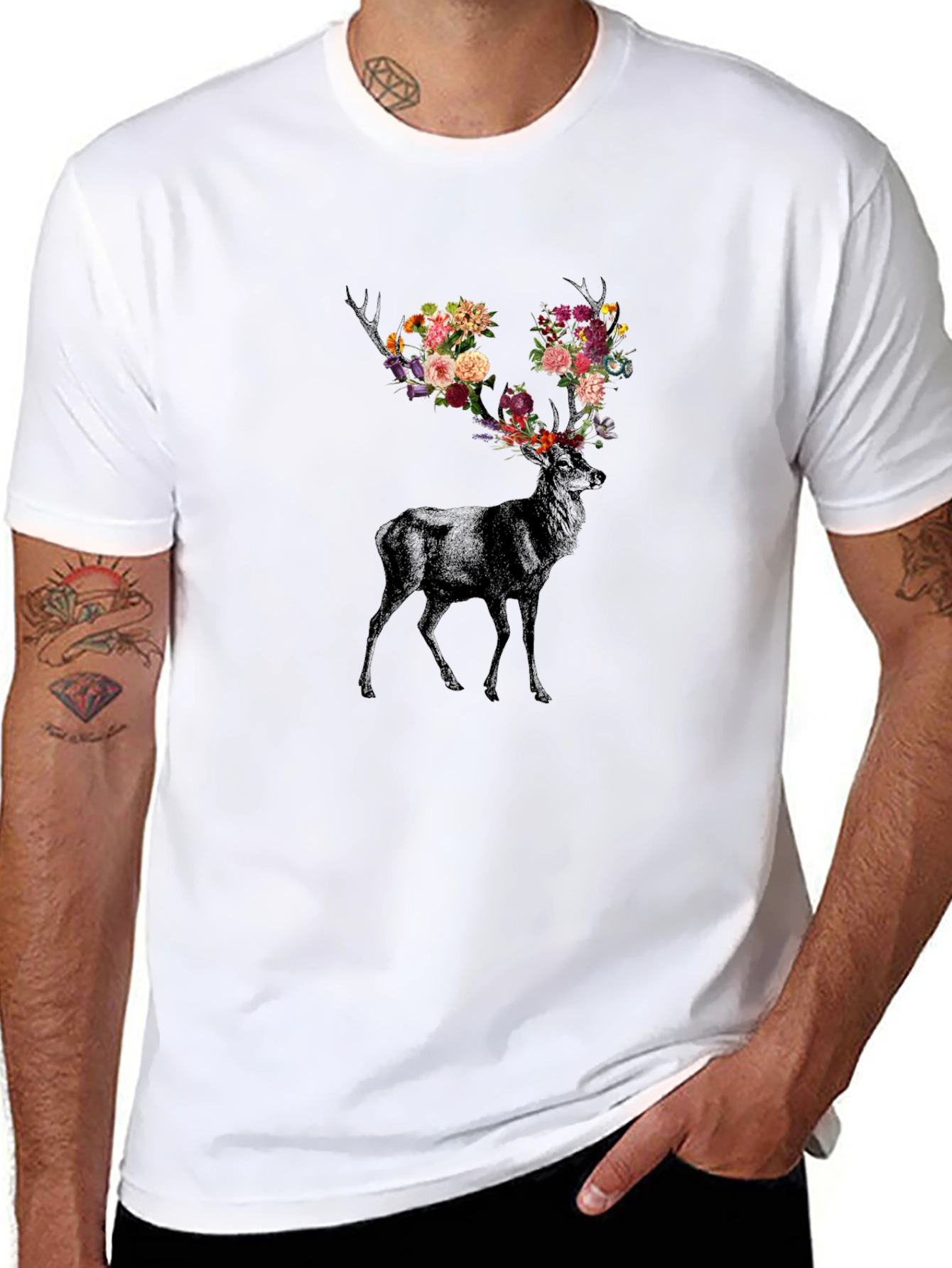 Floral Antler Deer Graphic Tee - Black