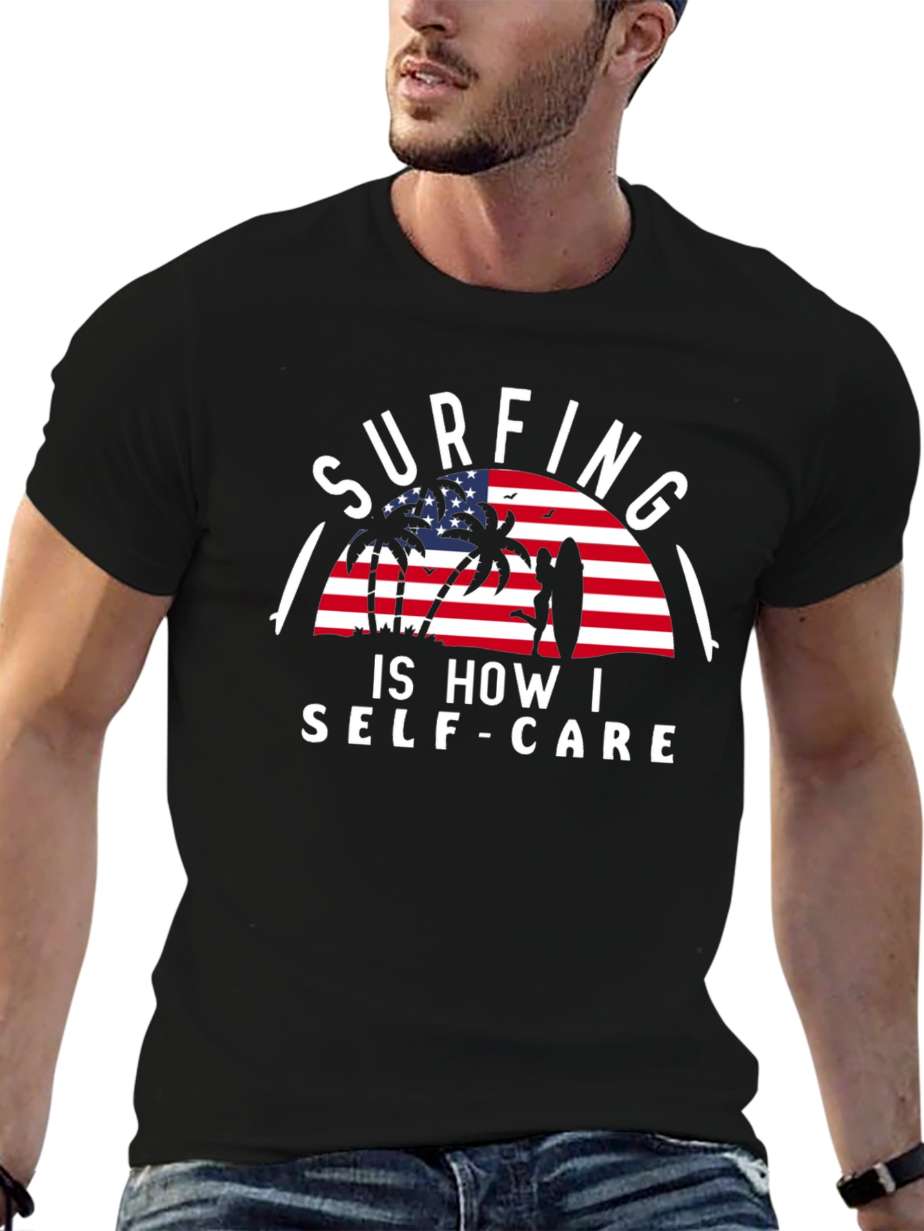 Surfing Self-Care Graphic Tee - Black Cotton T-Shirt