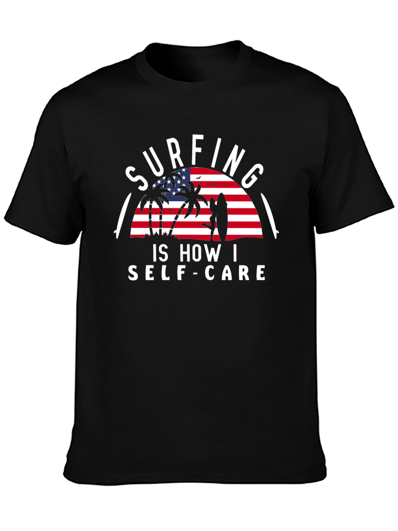 Surfing Self-Care Graphic Tee - Black Cotton T-Shirt