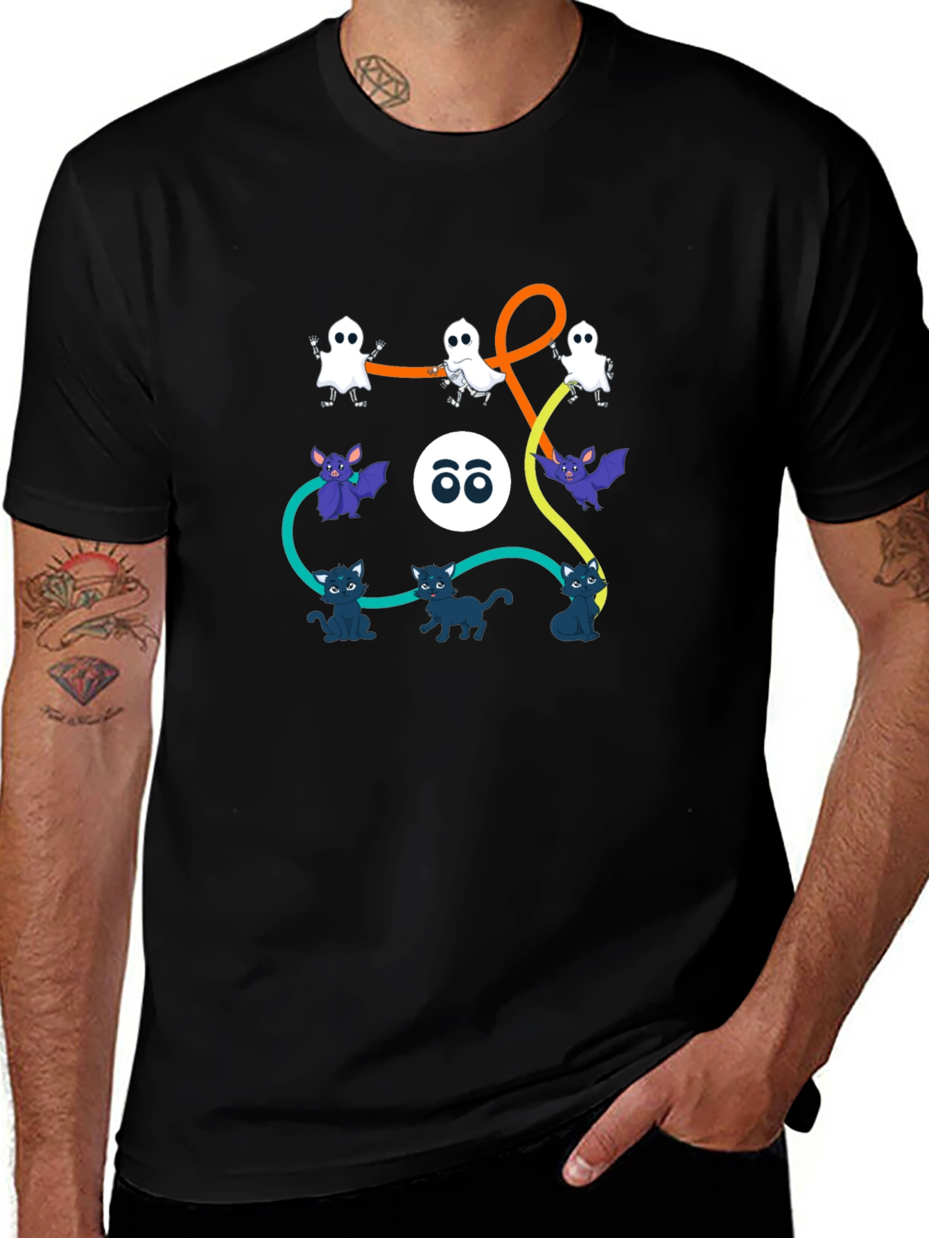 Halloween Graphic Print T-Shirt: Ghosts Bats Cats