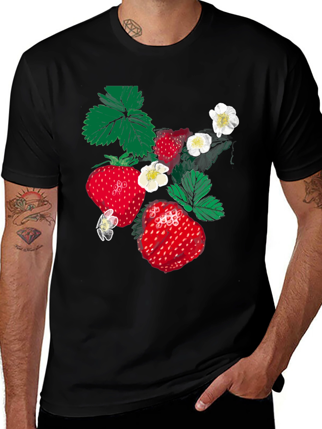 Strawberry Print Black T-Shirt