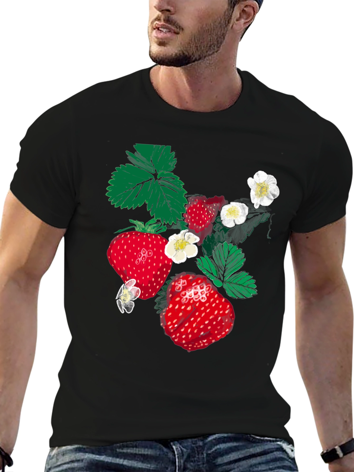 Strawberry Print Black T-Shirt