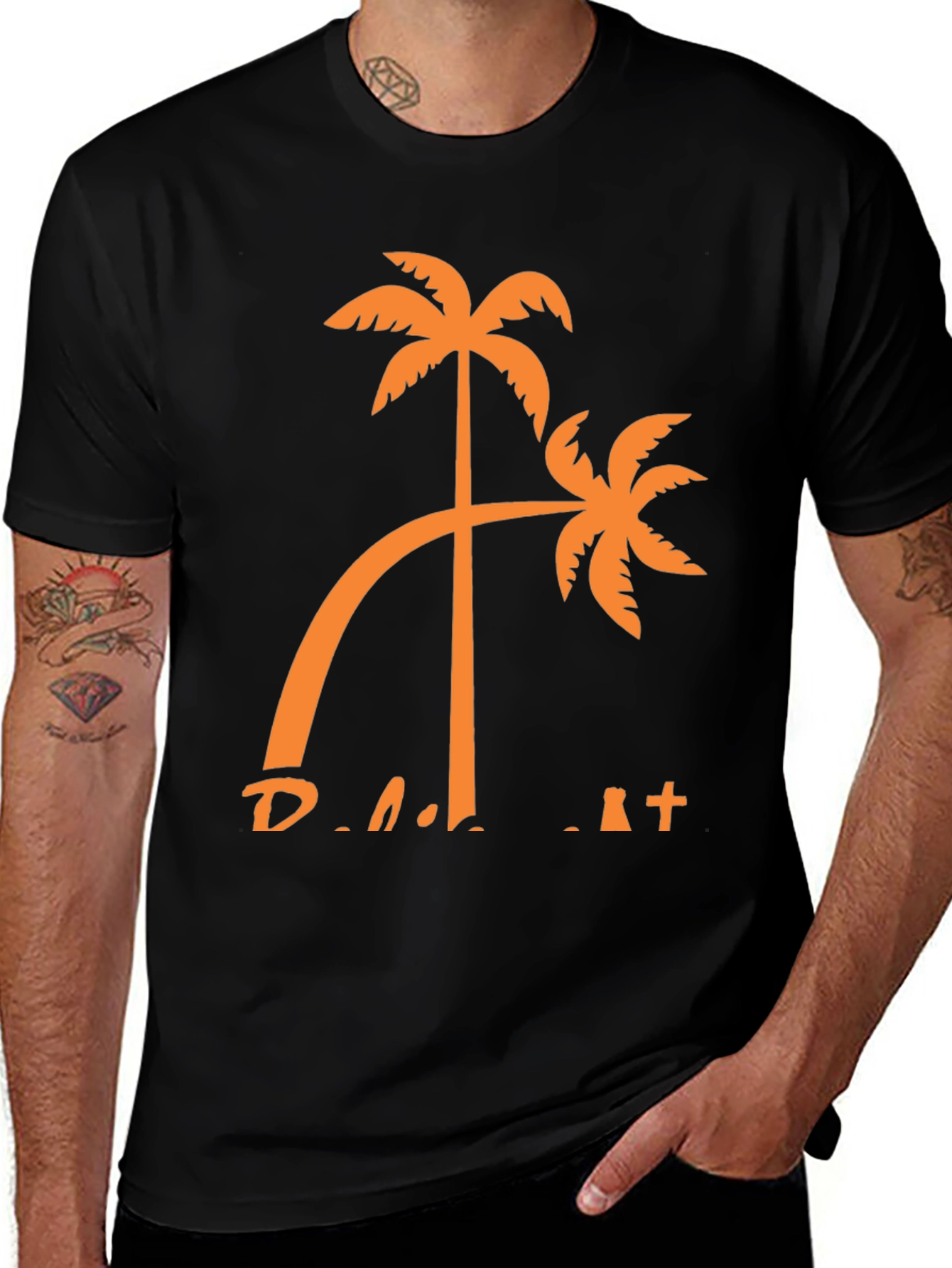 Tropical Palm Tree Graphic Tee - Black Cotton T-Shirt