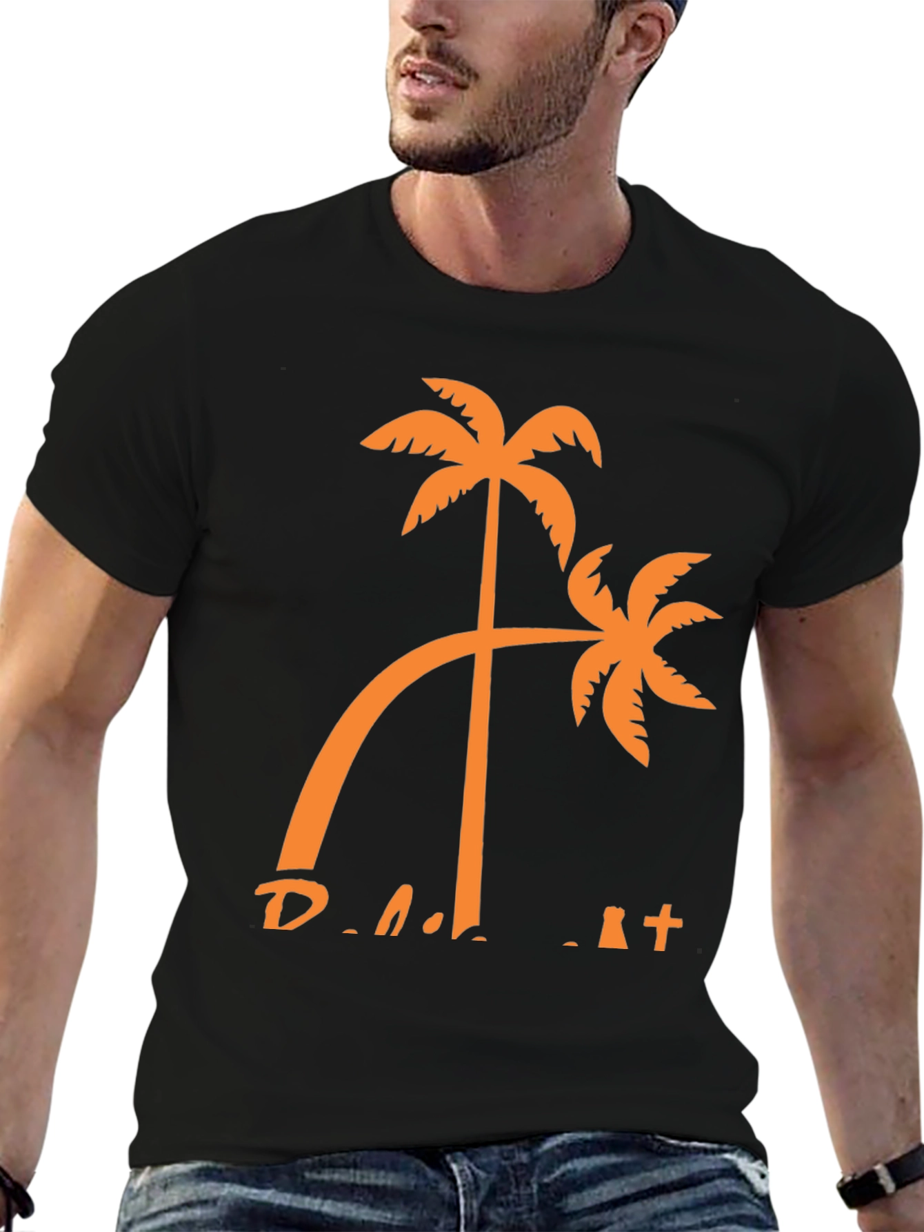 Tropical Palm Tree Graphic Tee - Black Cotton T-Shirt