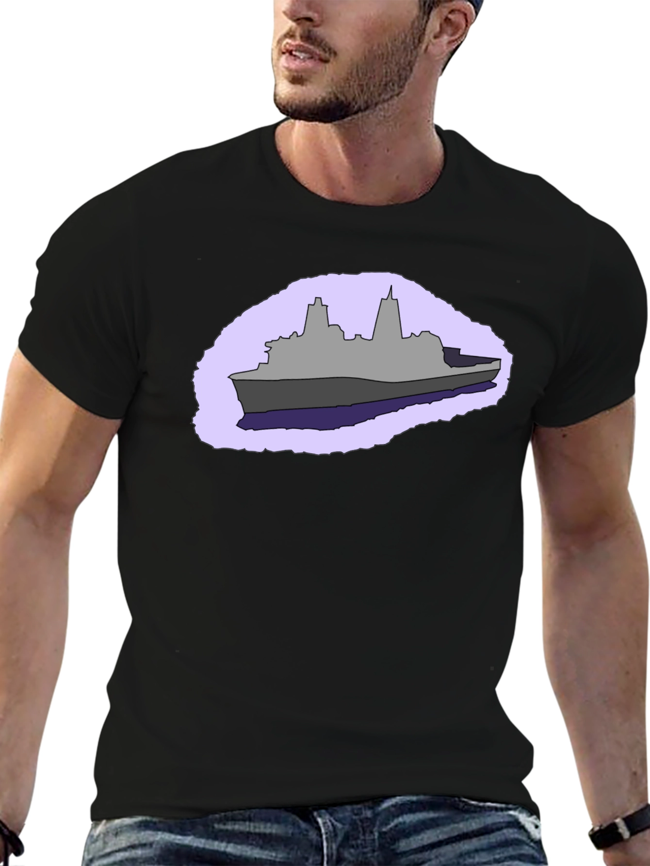 Naval Ship Graphic Tee - Black Cotton T-Shirt