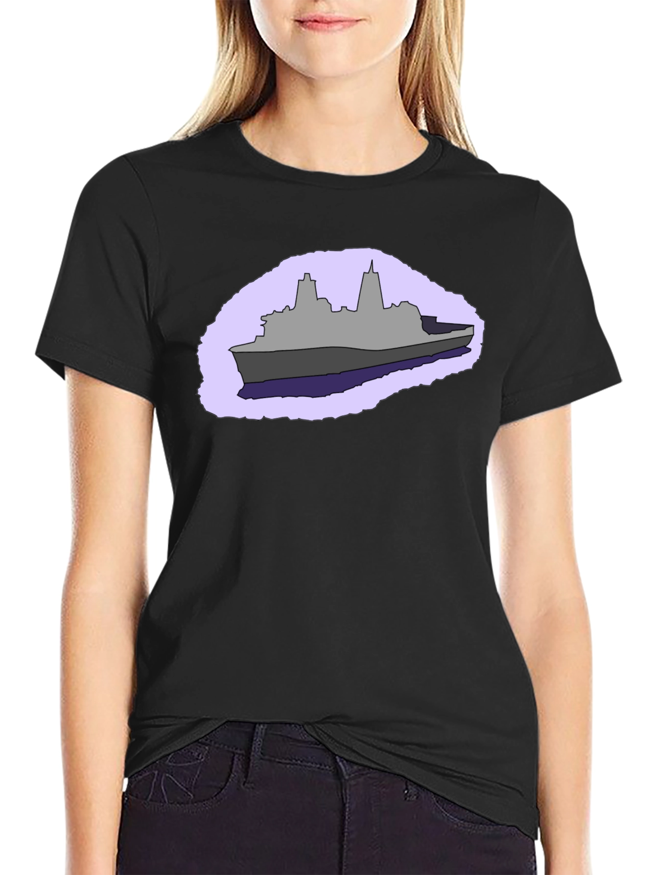Naval Ship Graphic Tee - Black Cotton T-Shirt