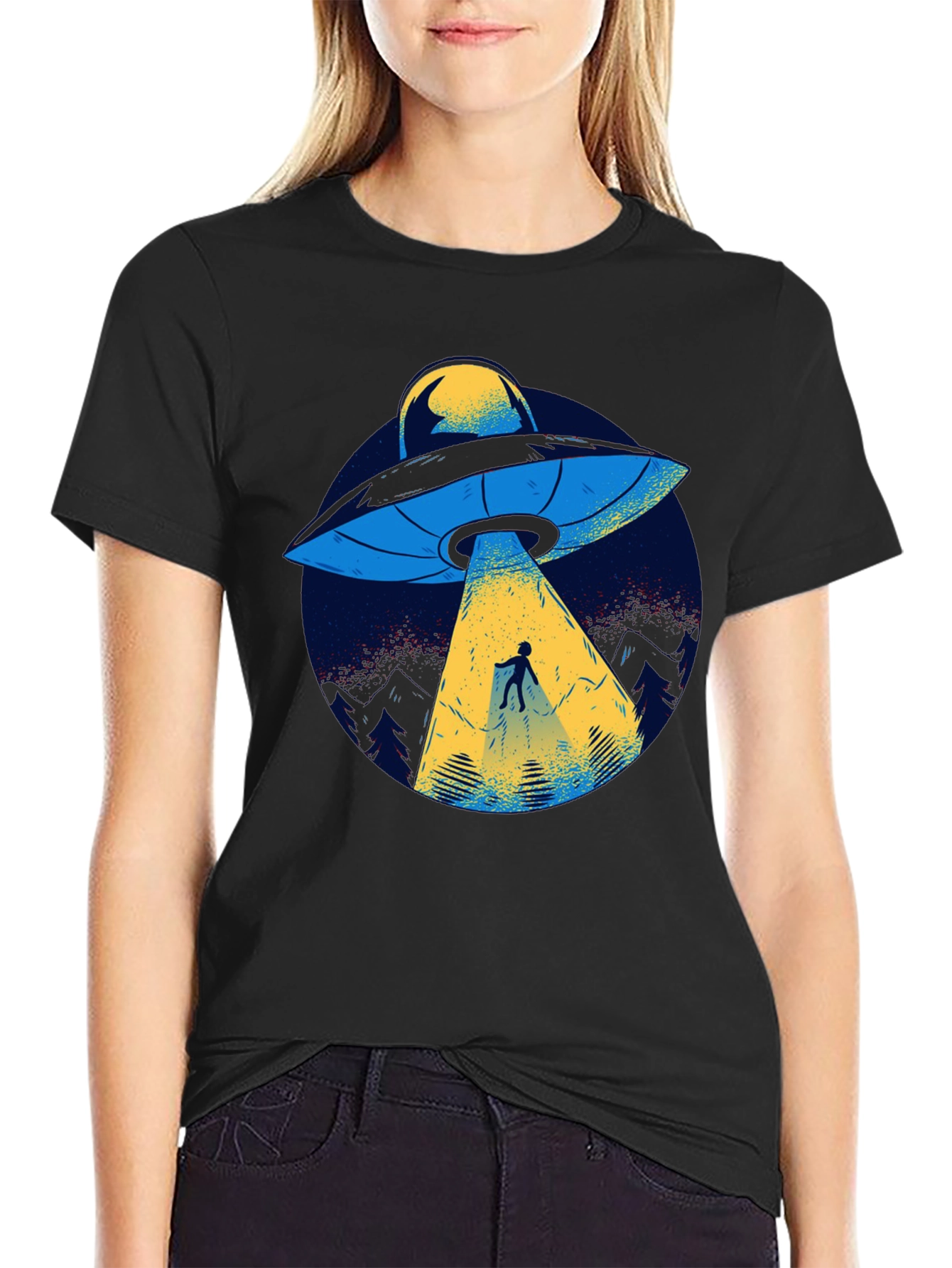 UFO Abduction Graphic Tee - Black Cotton T-Shirt