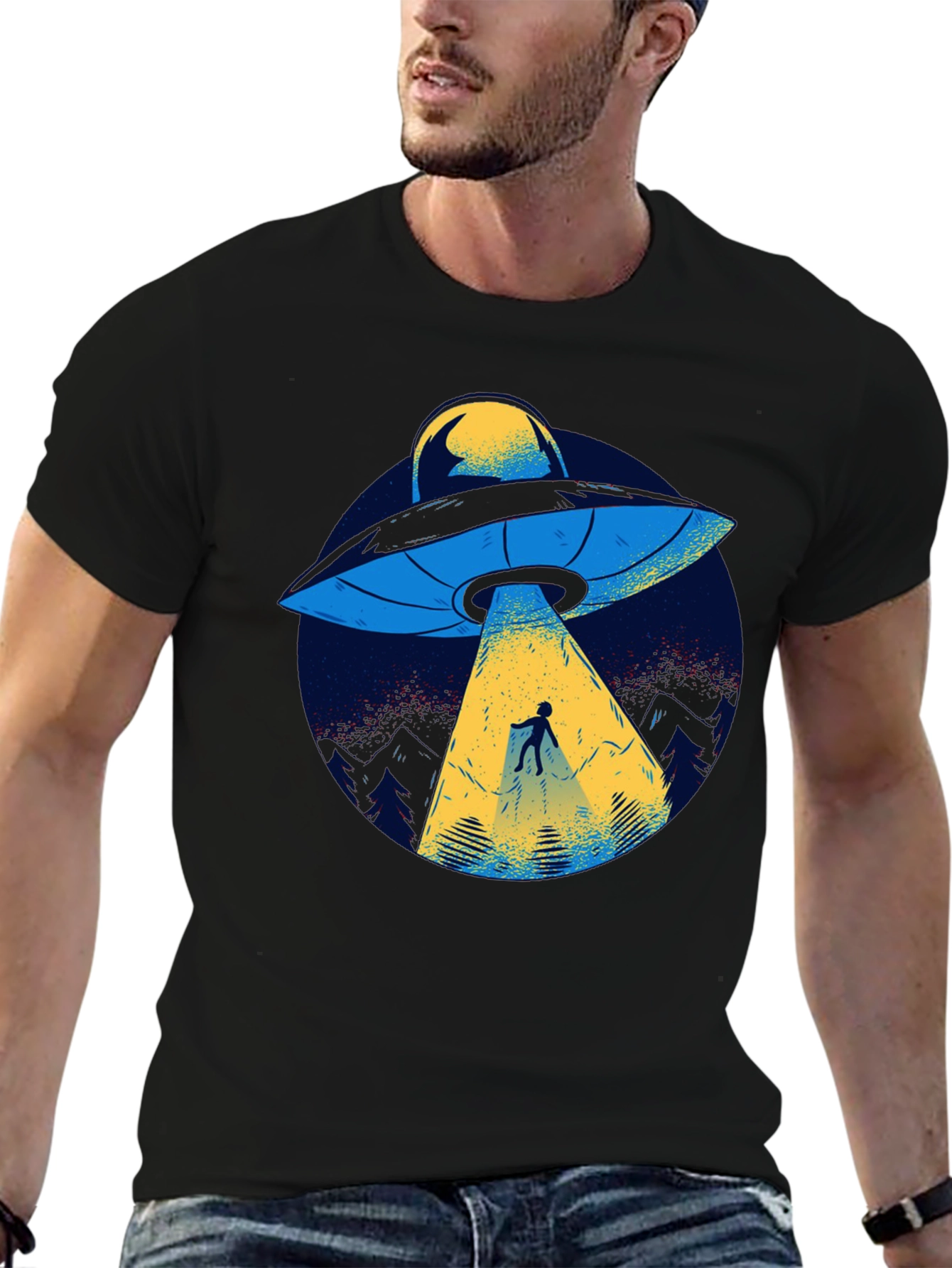 UFO Abduction Graphic Tee - Black Cotton T-Shirt