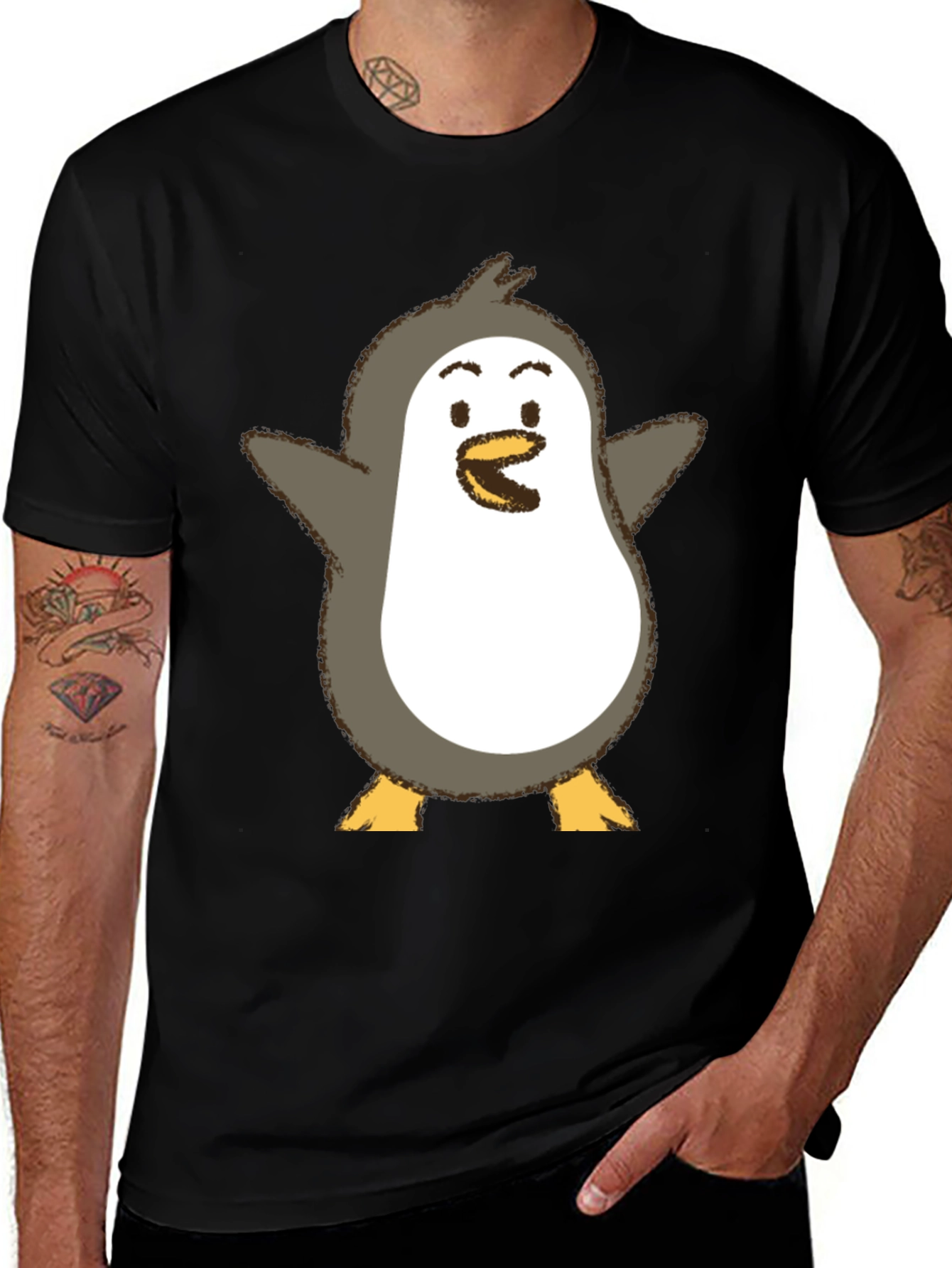 Cute Penguin Graphic Print Black T-Shirt