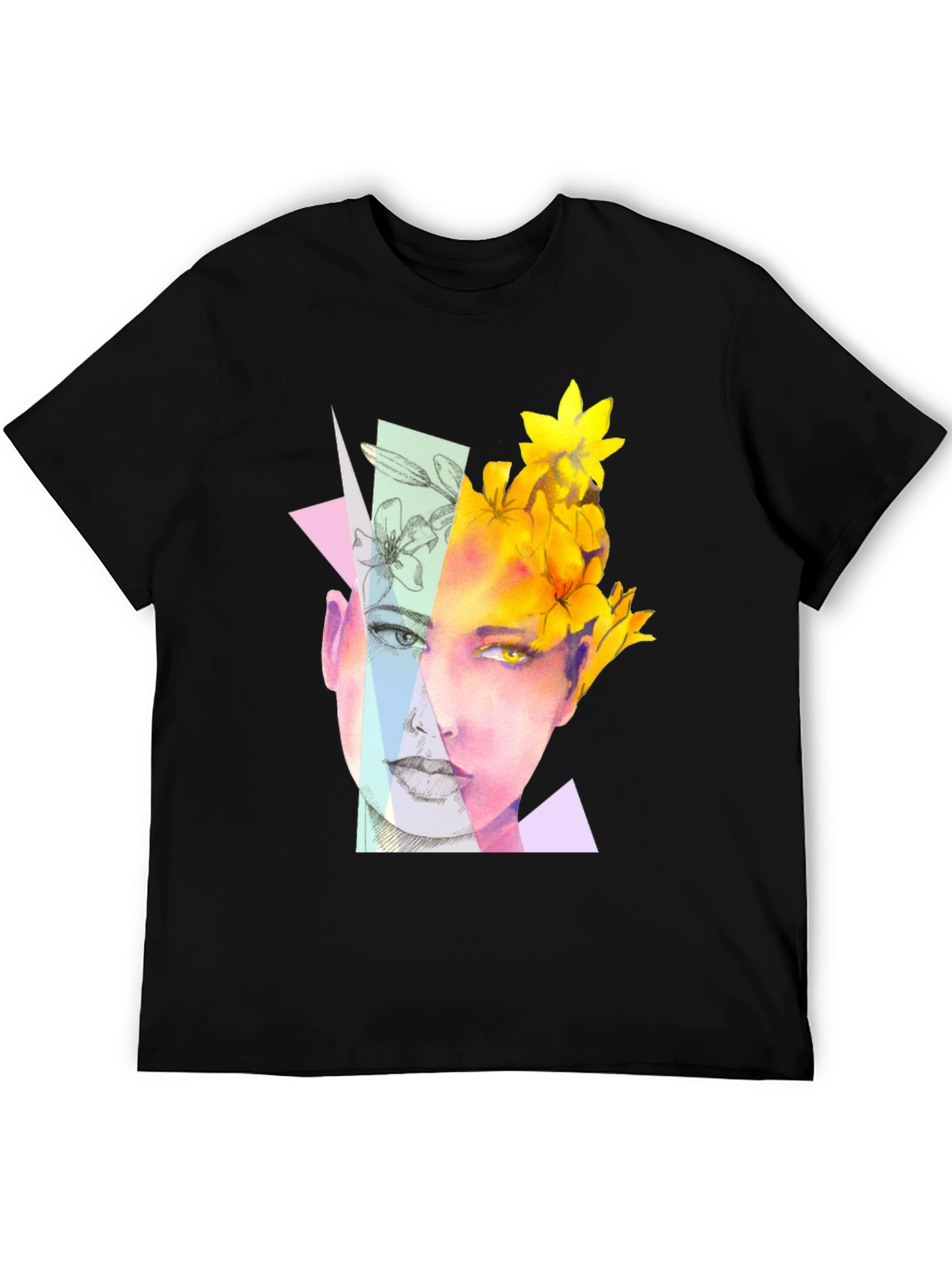 Abstract Floral Face Graphic Black T-Shirt