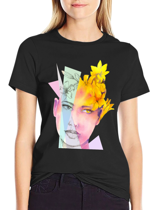 Abstract Floral Face Graphic Black T-Shirt