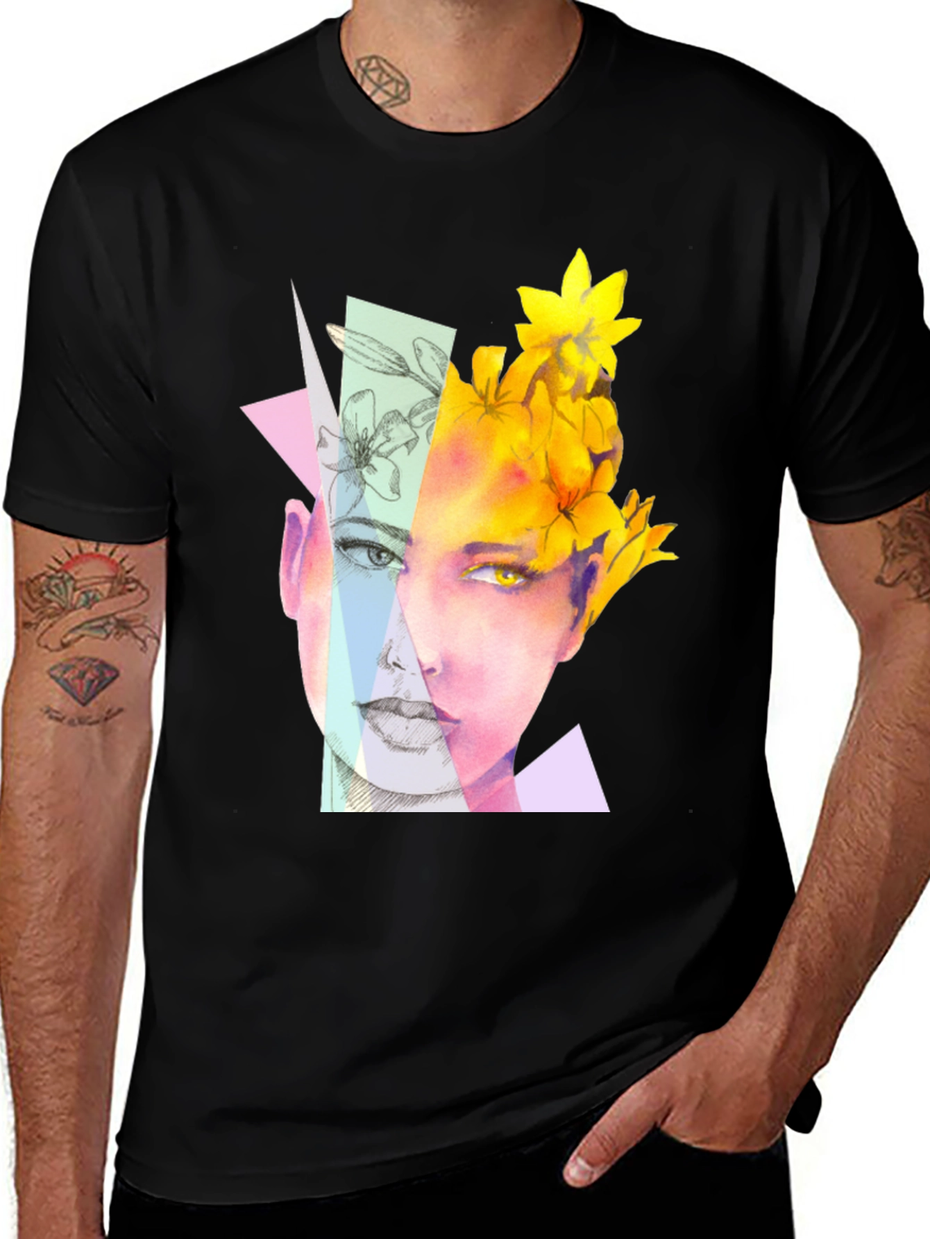 Abstract Floral Face Graphic Black T-Shirt