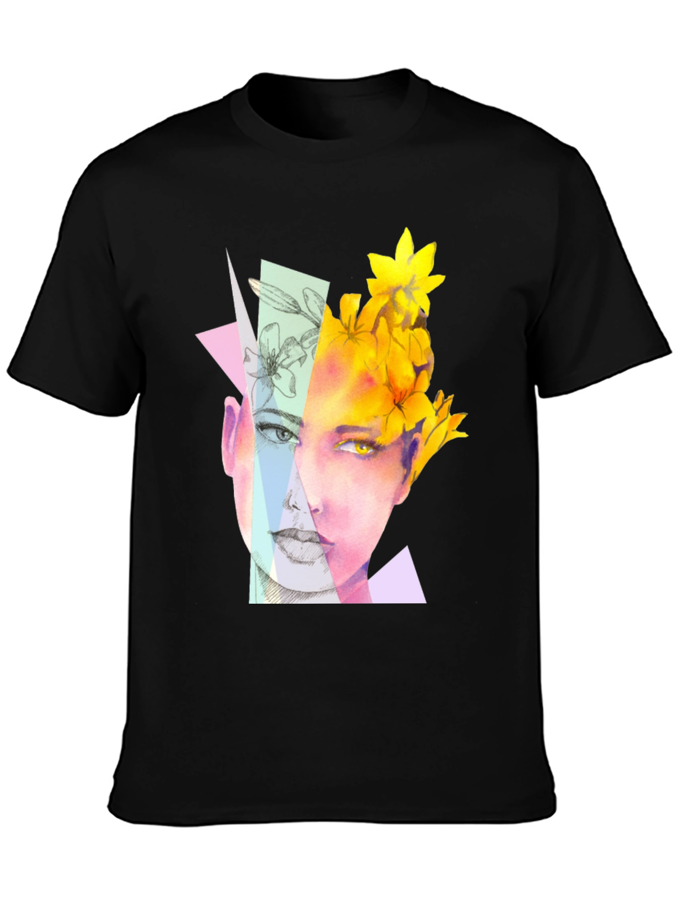 Abstract Floral Face Graphic Black T-Shirt