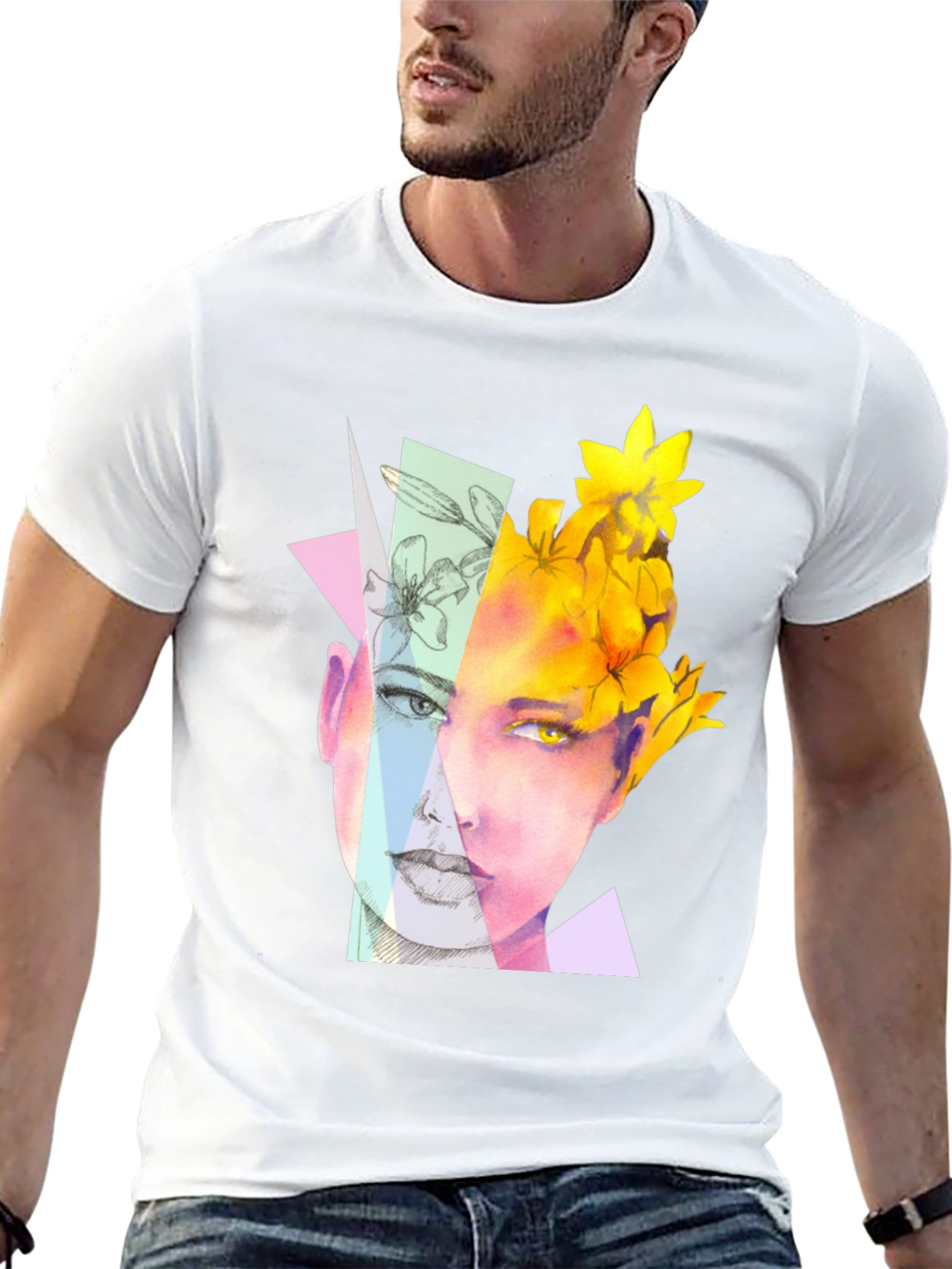 Abstract Floral Face Graphic Black T-Shirt