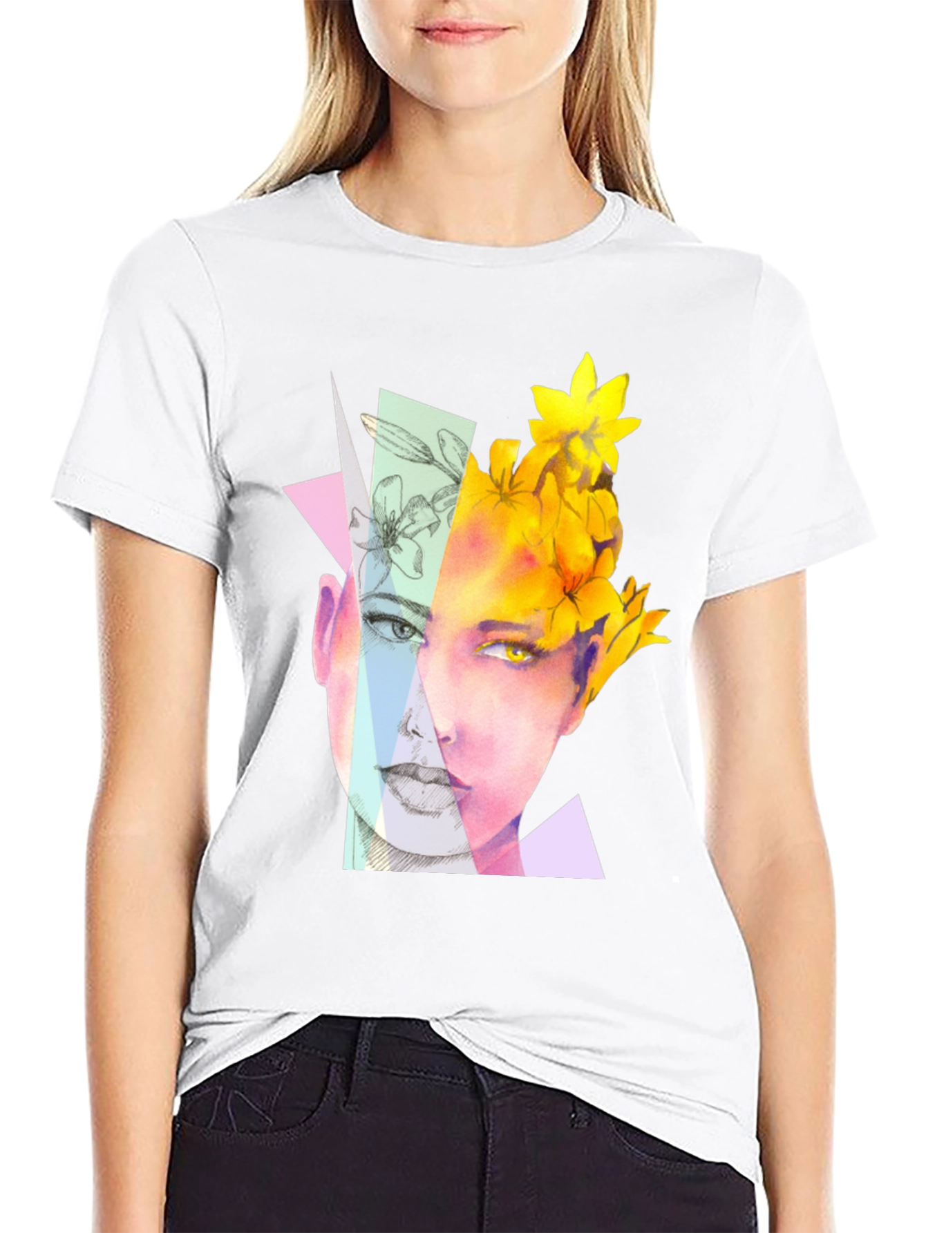 Abstract Floral Face Graphic Black T-Shirt