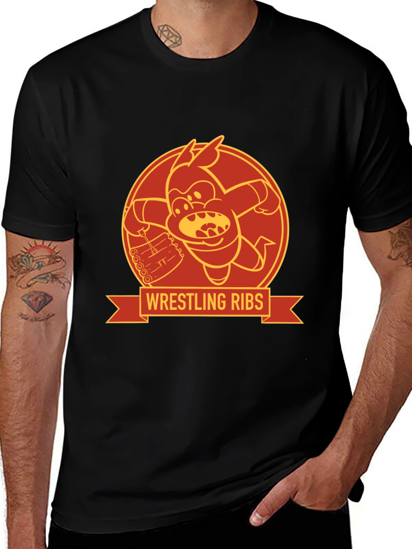 Wrestling Ribs Funny Cartoon Graphic Tee