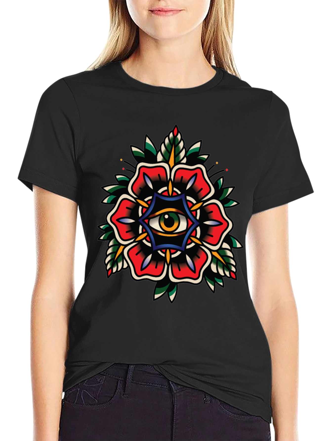 Eye Flower Graphic Tee - Classic Tattoo Style