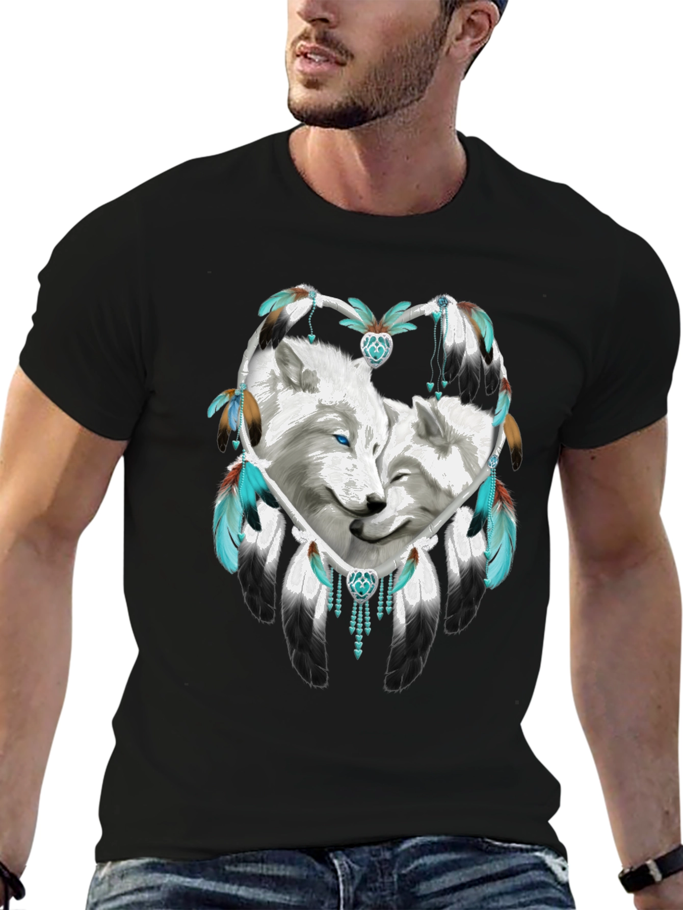 Wolf Dreamcatcher Graphic Tee - Black Cotton Blend Shirt