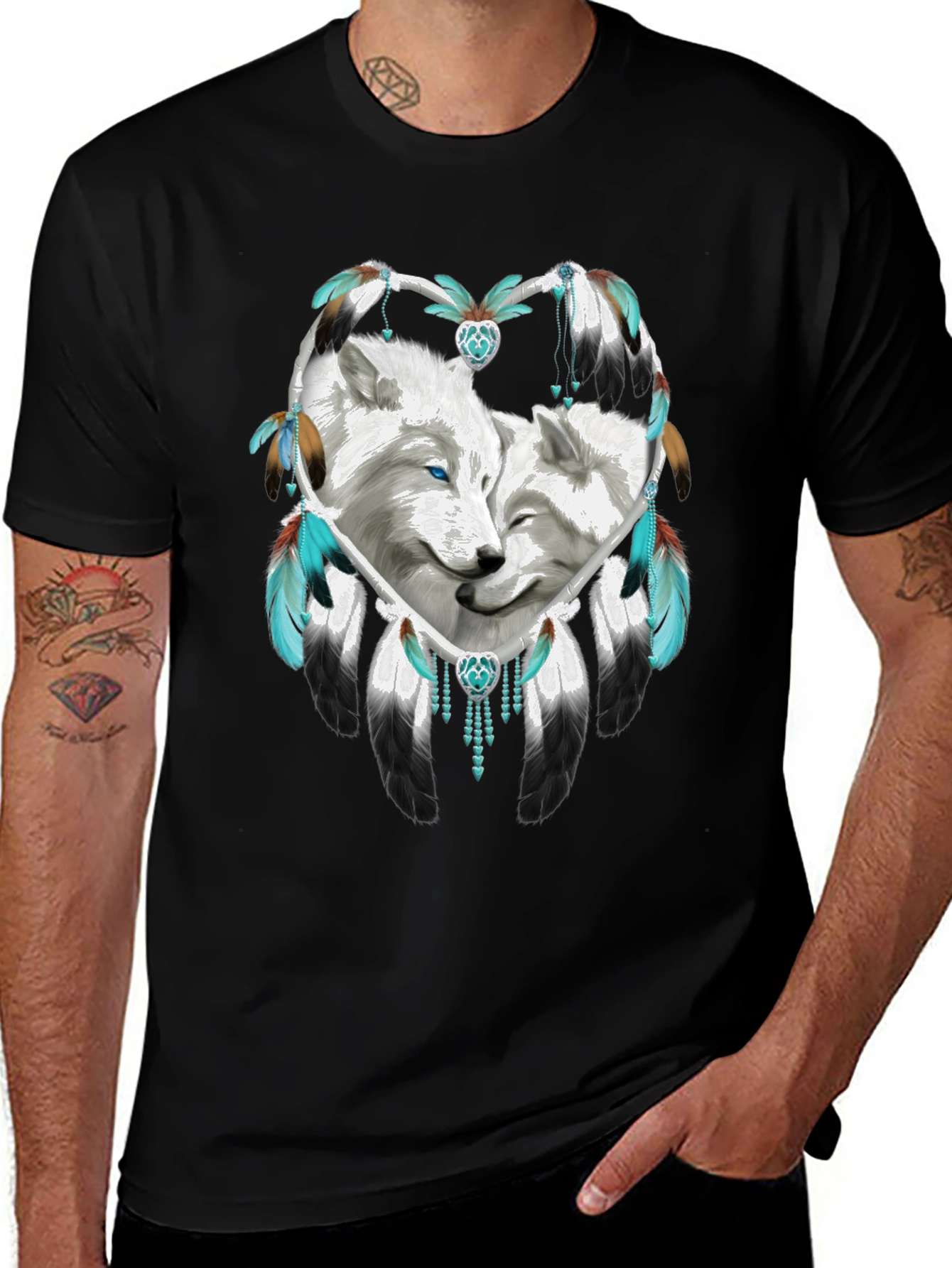 Wolf Dreamcatcher Graphic Tee - Black Cotton Blend Shirt