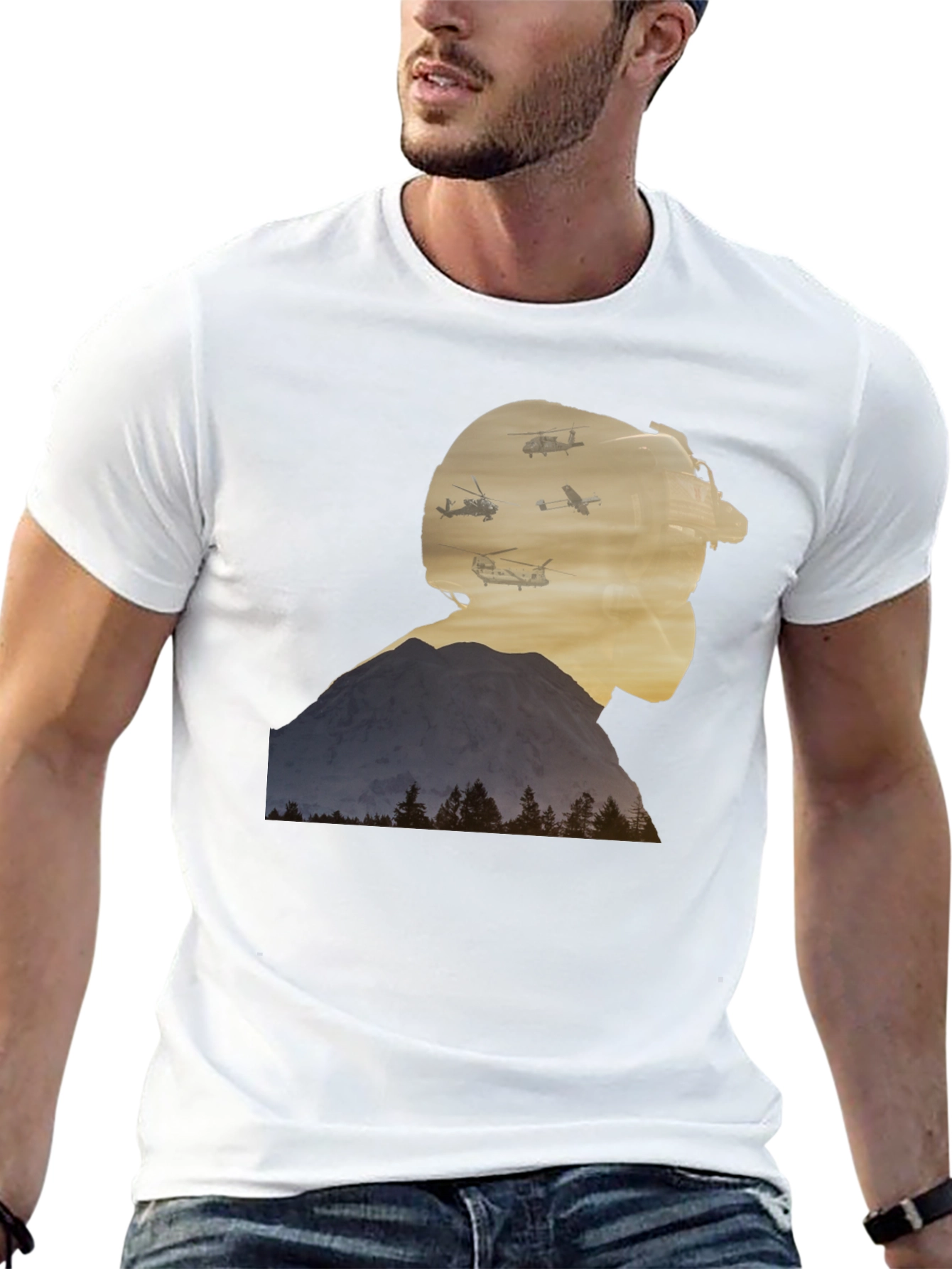 Mountain and Helicopter Graphic Tee - Black