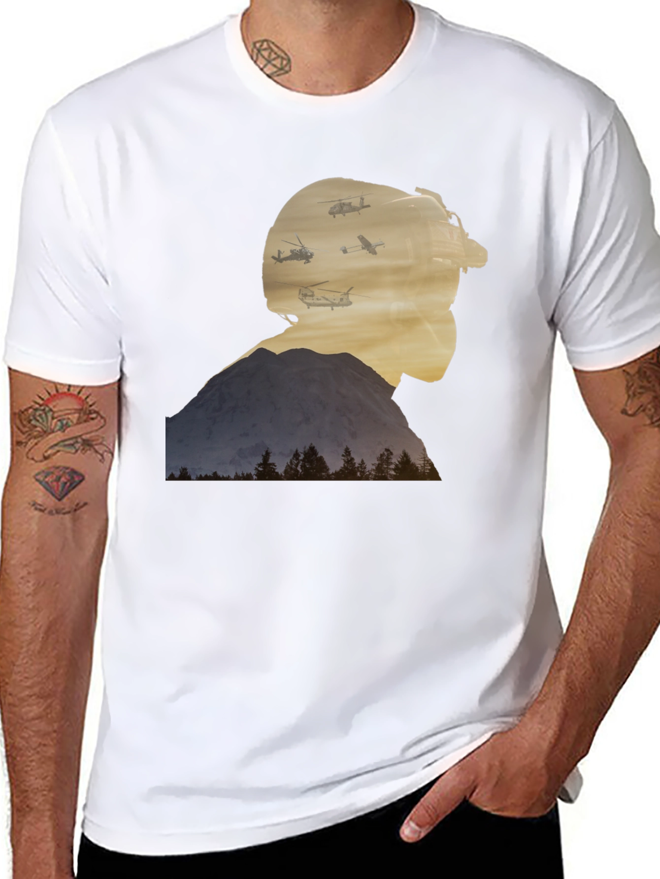 Mountain and Helicopter Graphic Tee - Black