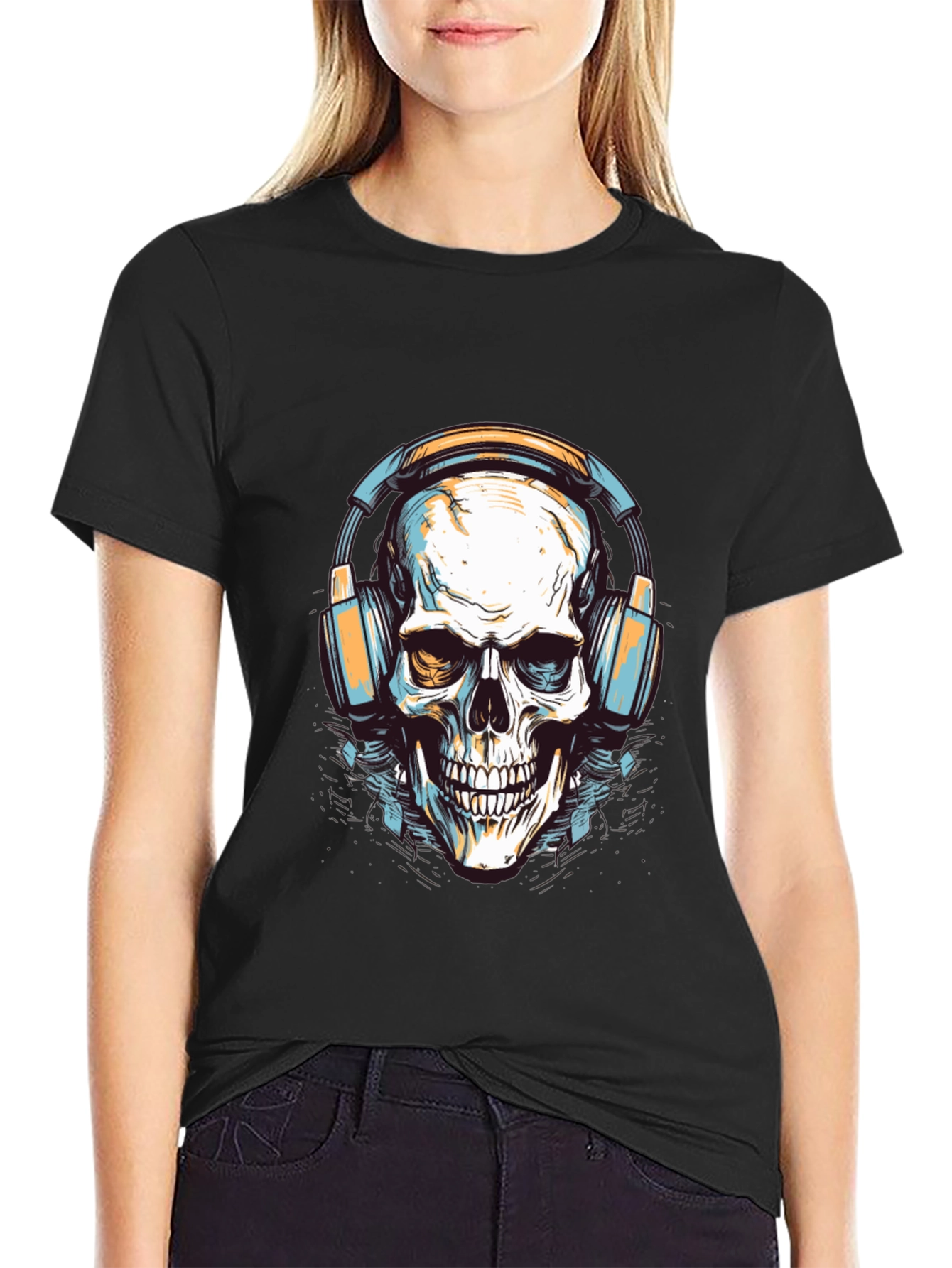 Skull with Headphones Graphic Tee - Cool Black T-Shirt