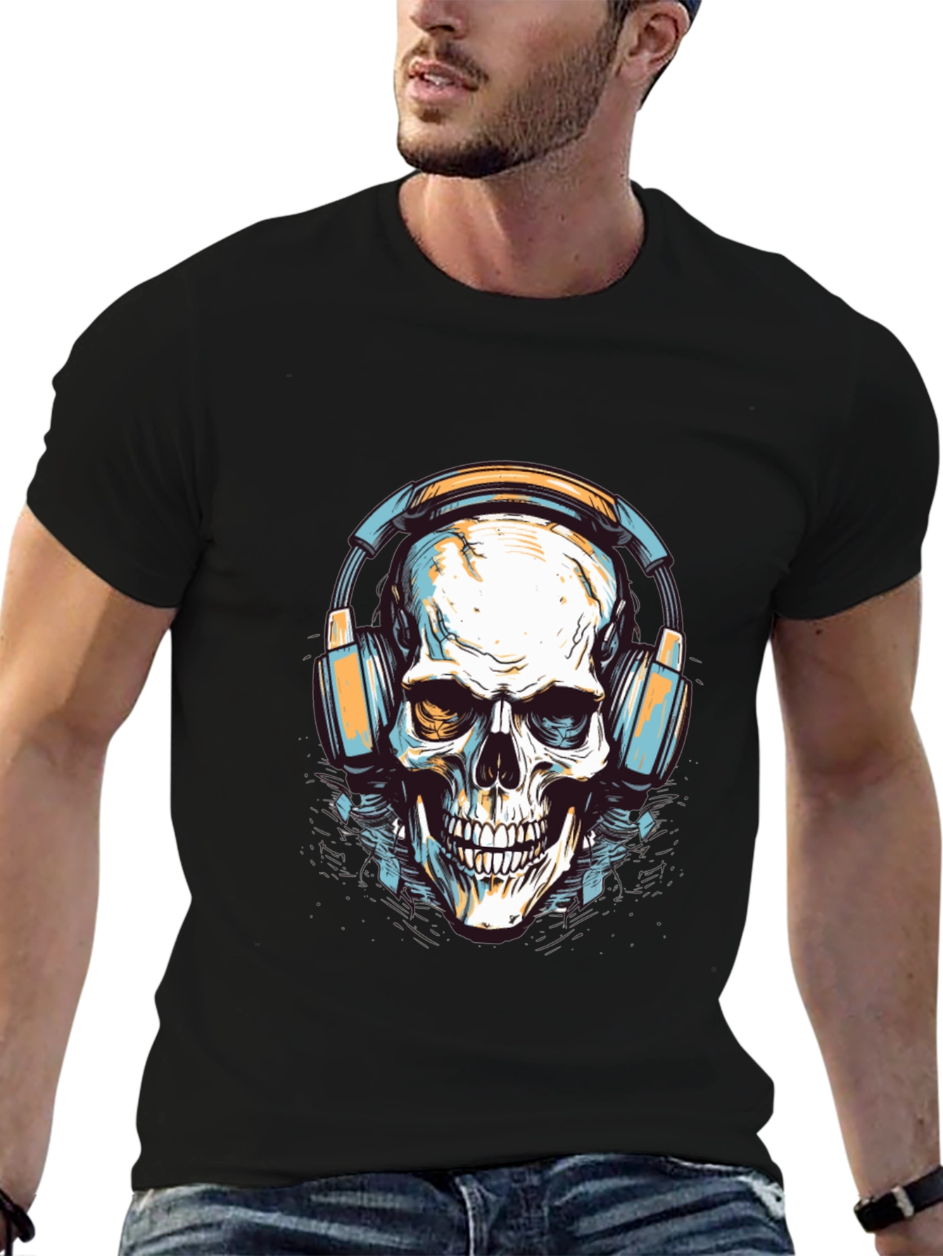 Skull with Headphones Graphic Tee - Cool Black T-Shirt