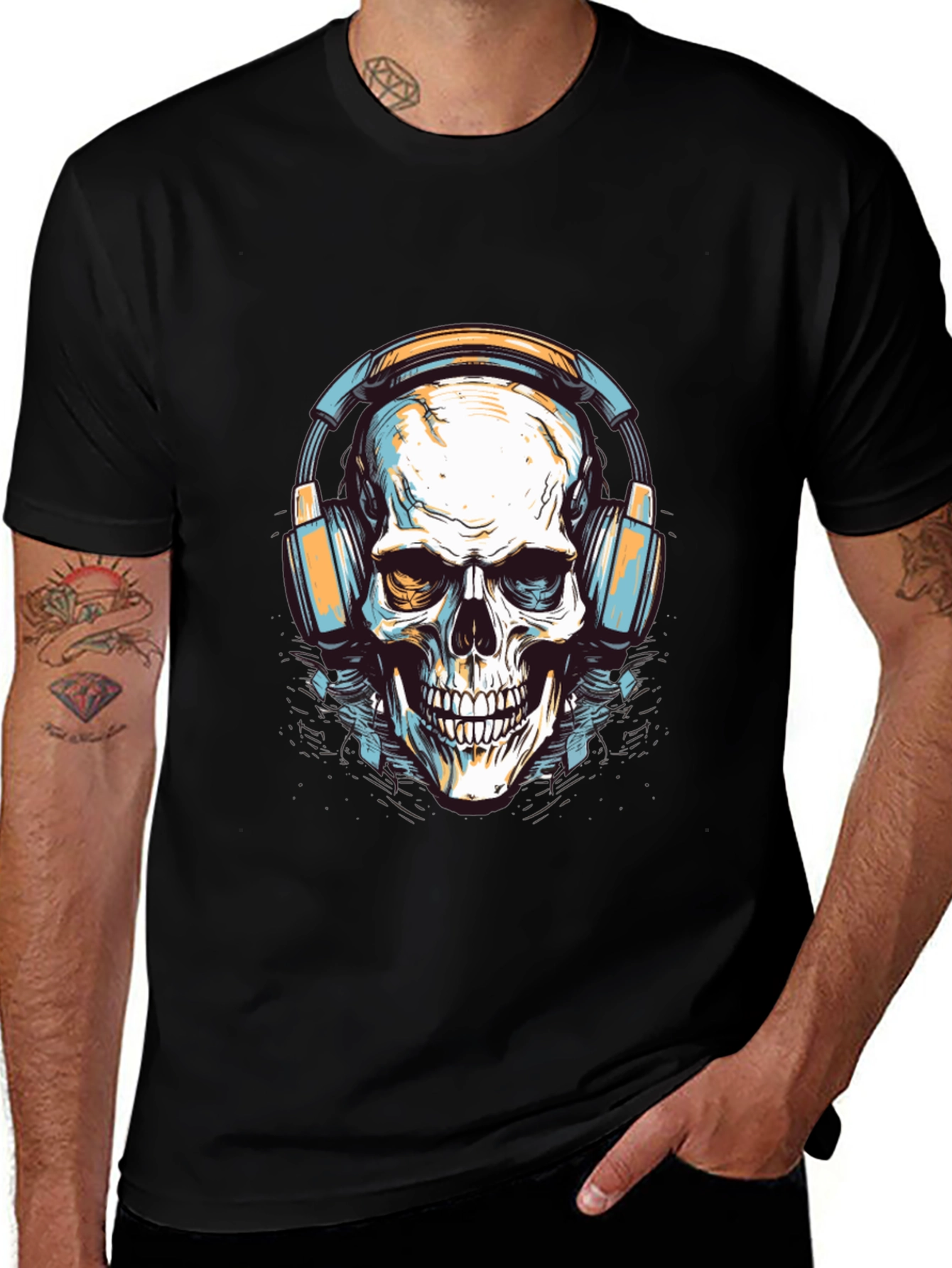 Skull with Headphones Graphic Tee - Cool Black T-Shirt