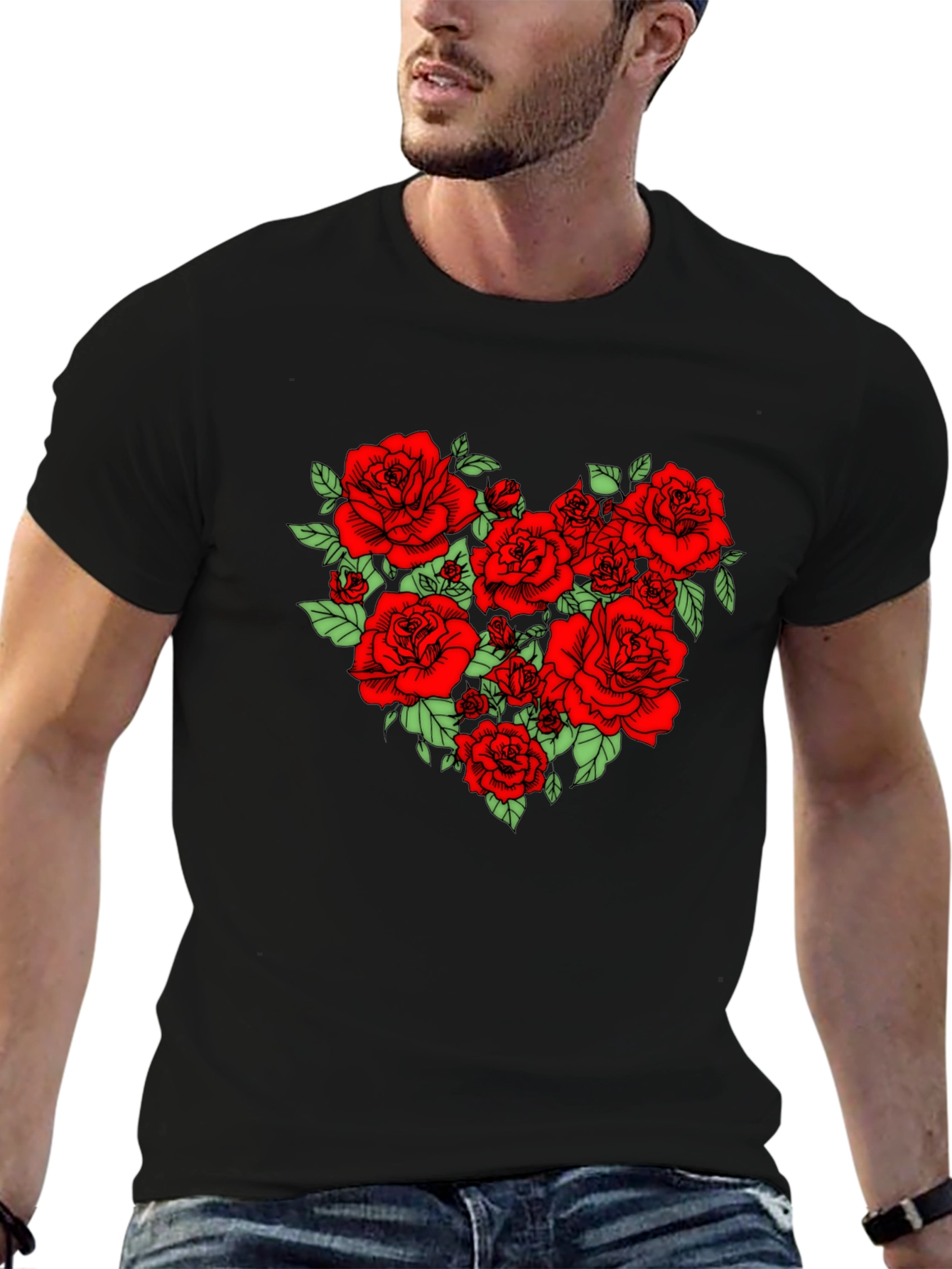 Rose Heart Graphic Tee - Black Cotton Blend