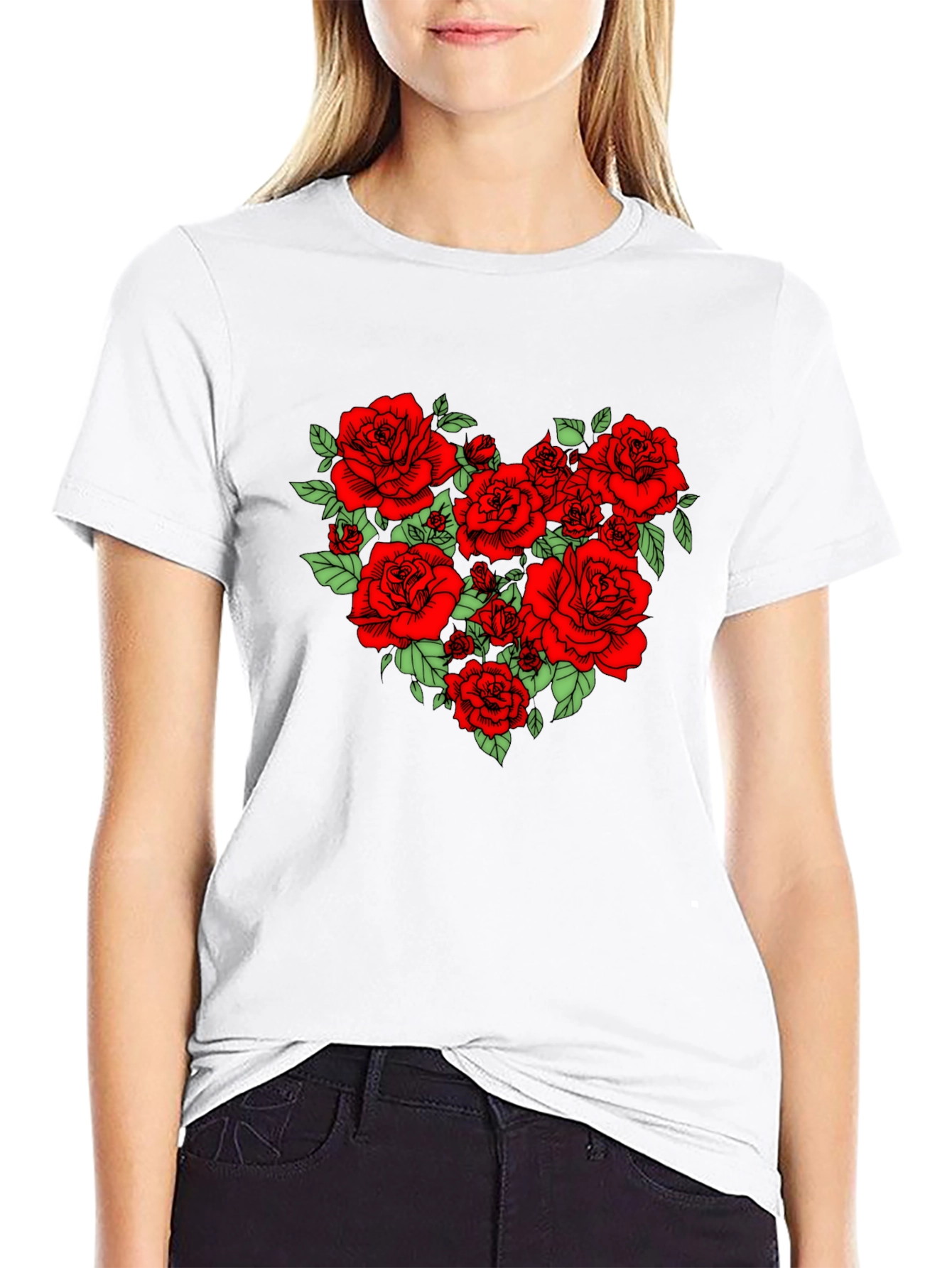 Rose Heart Graphic Tee - Black Cotton Blend