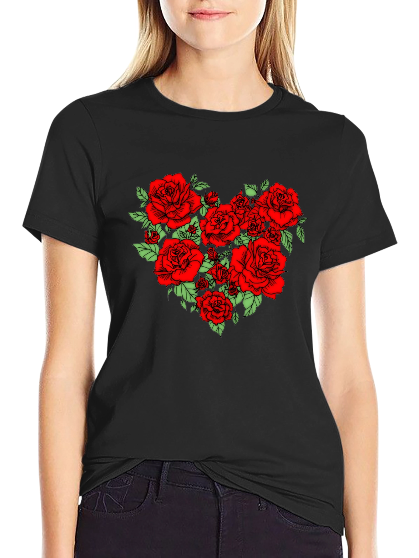 Rose Heart Graphic Tee - Black Cotton Blend