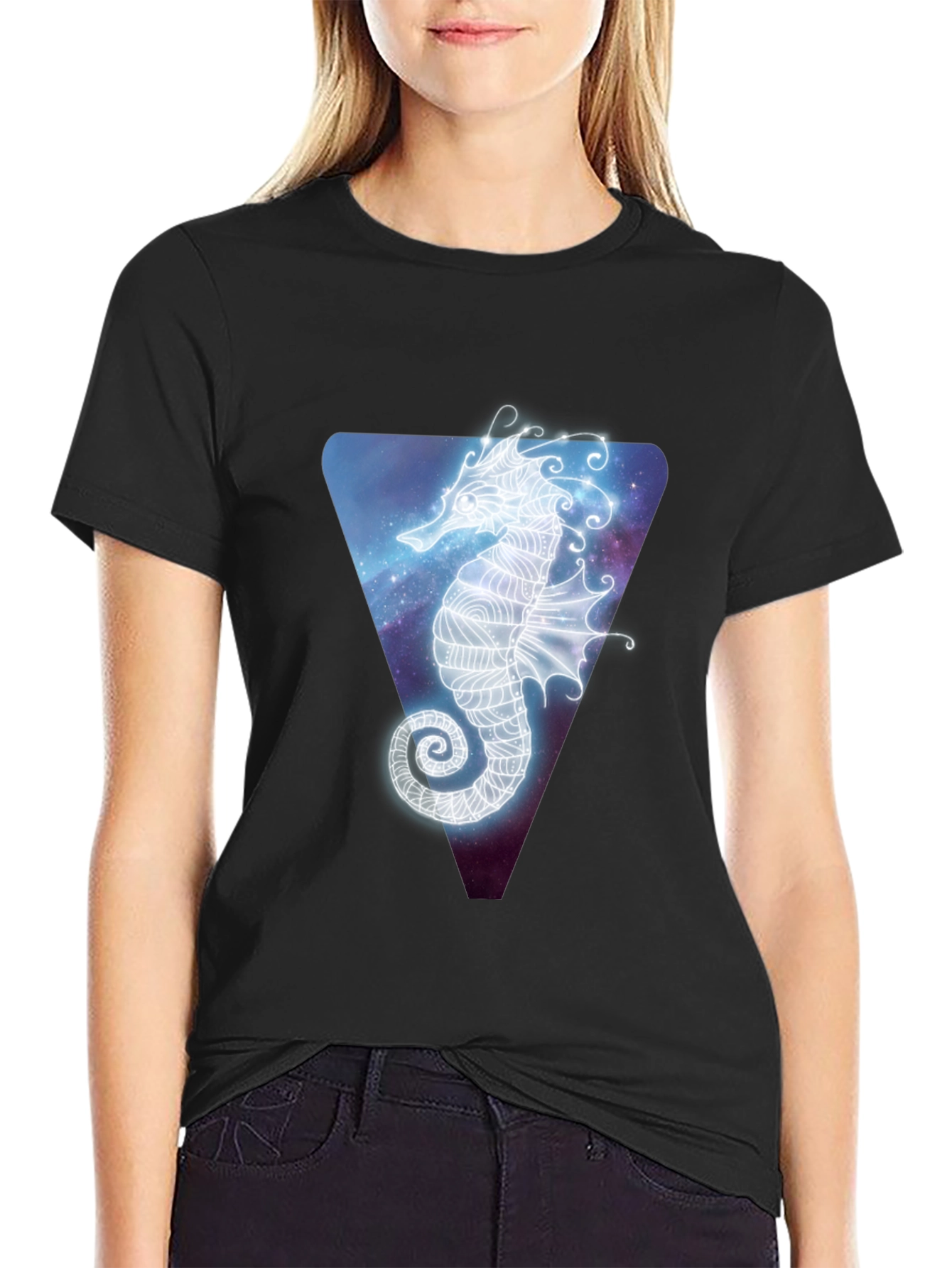 Celestial Seahorse Graphic Tee - Black Cotton Blend