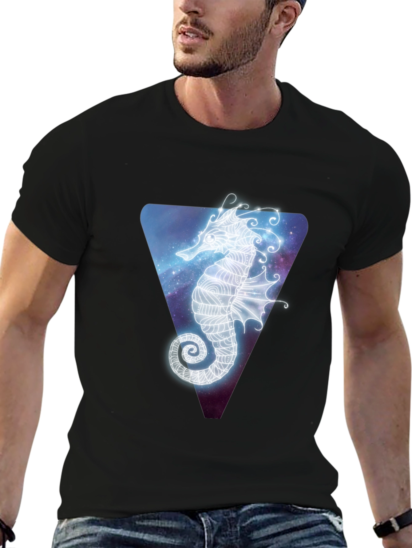 Celestial Seahorse Graphic Tee - Black Cotton Blend