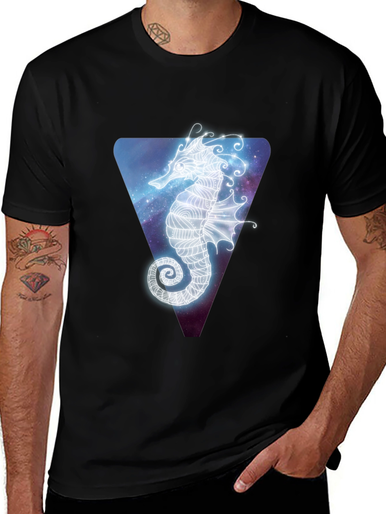 Celestial Seahorse Graphic Tee - Black Cotton Blend