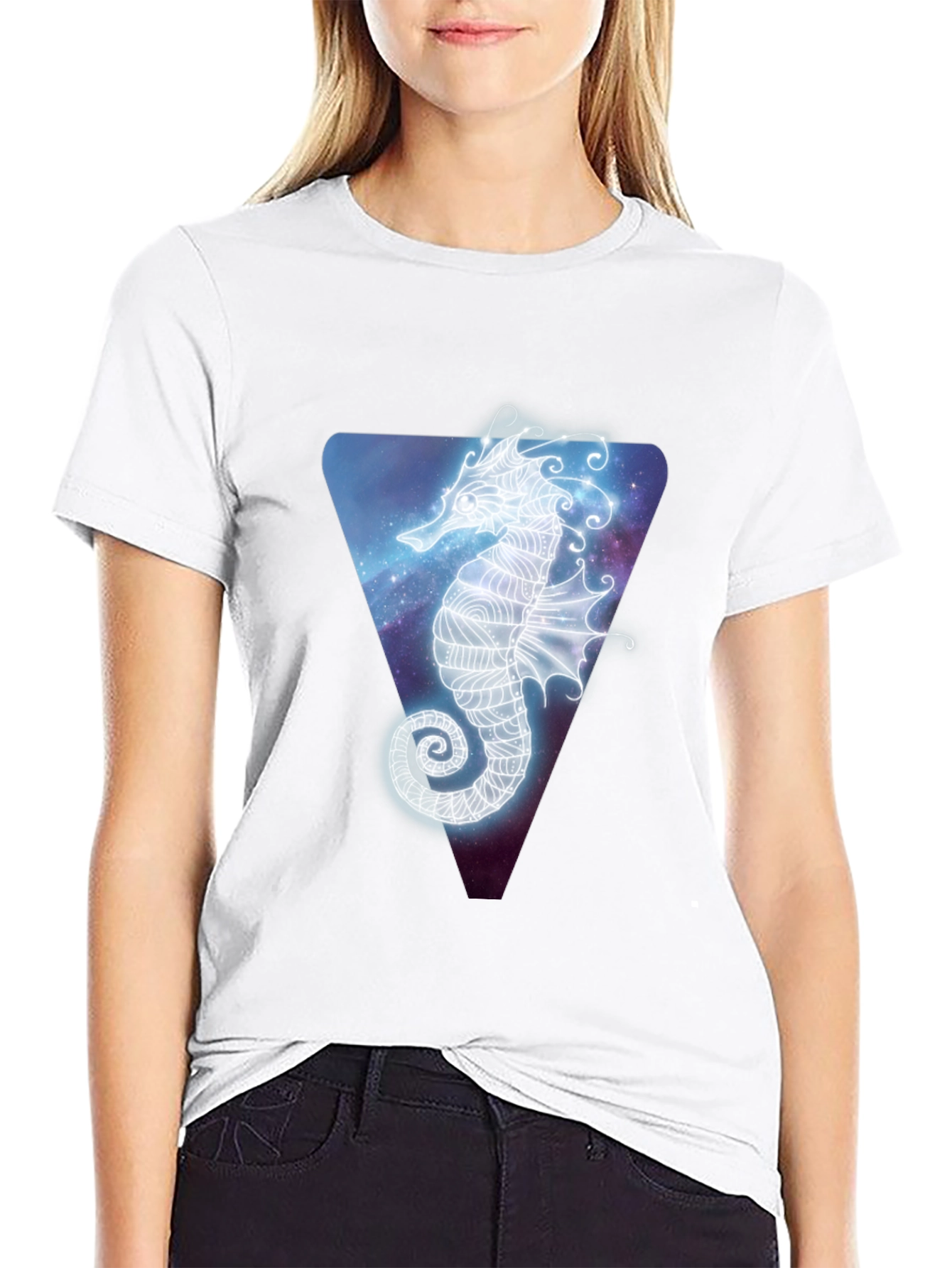 Celestial Seahorse Graphic Tee - Black Cotton Blend