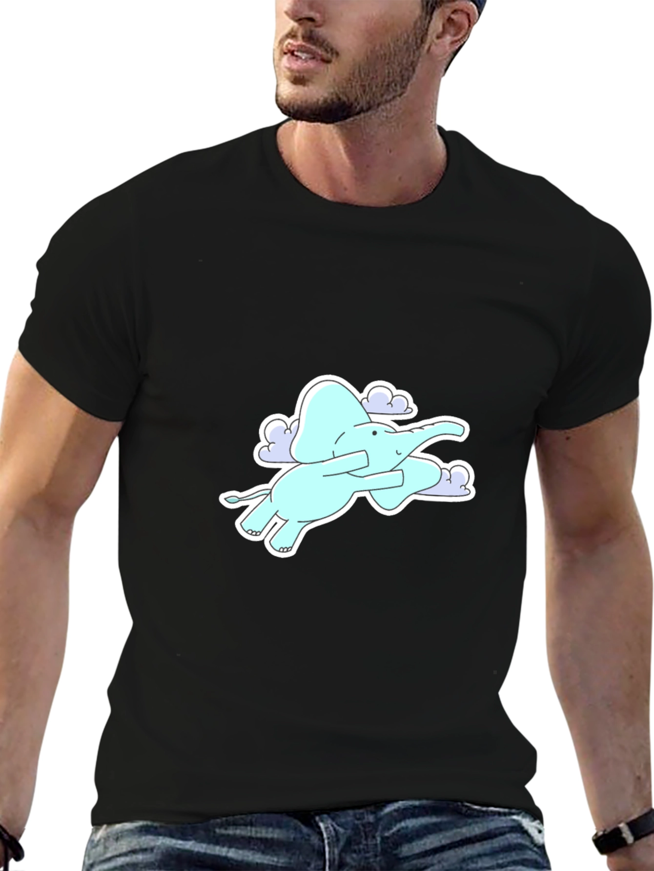 Elephant Flying in Clouds Graphic Tee - Black