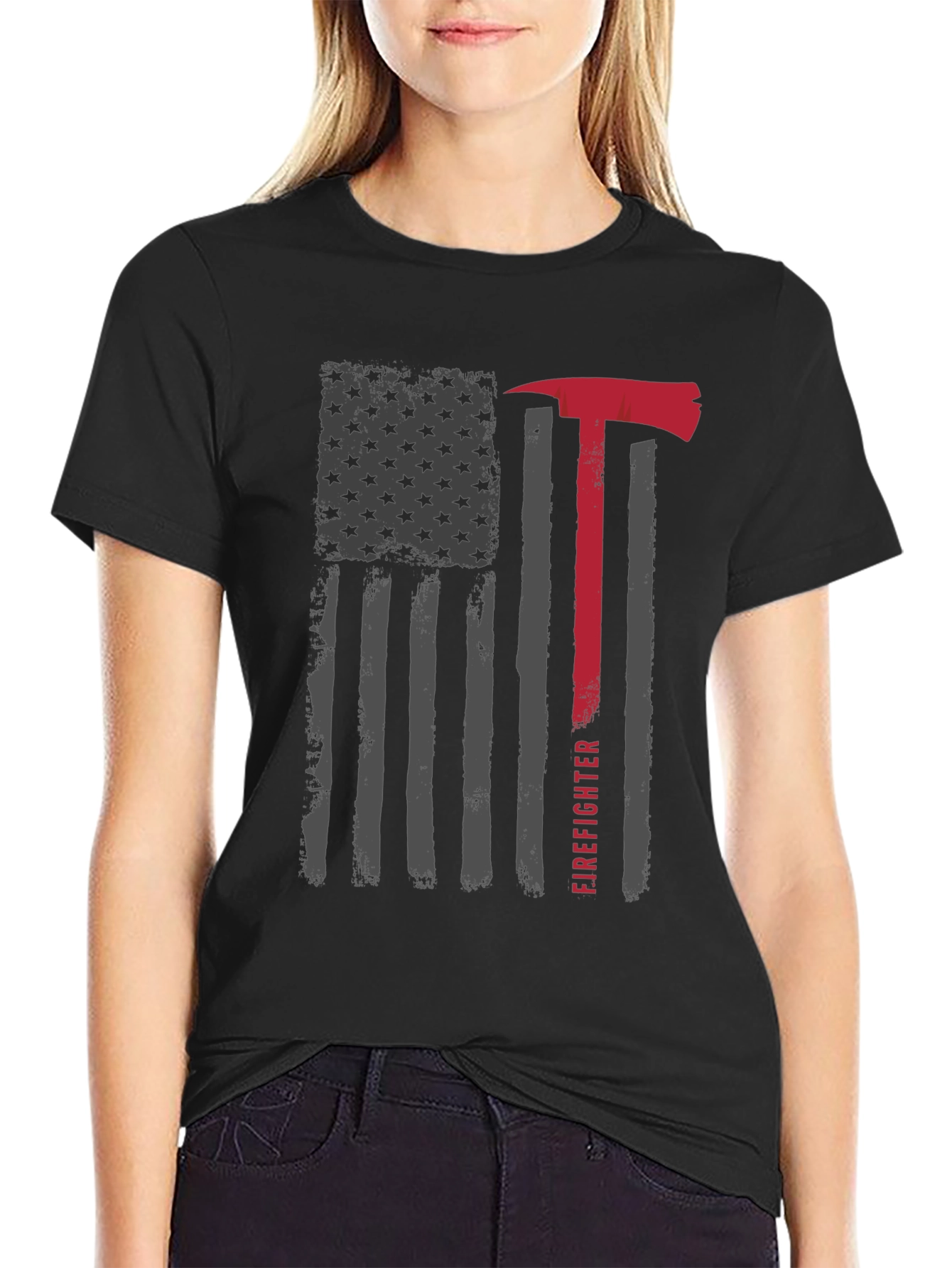 Firefighter Axe American Flag Graphic T-Shirt