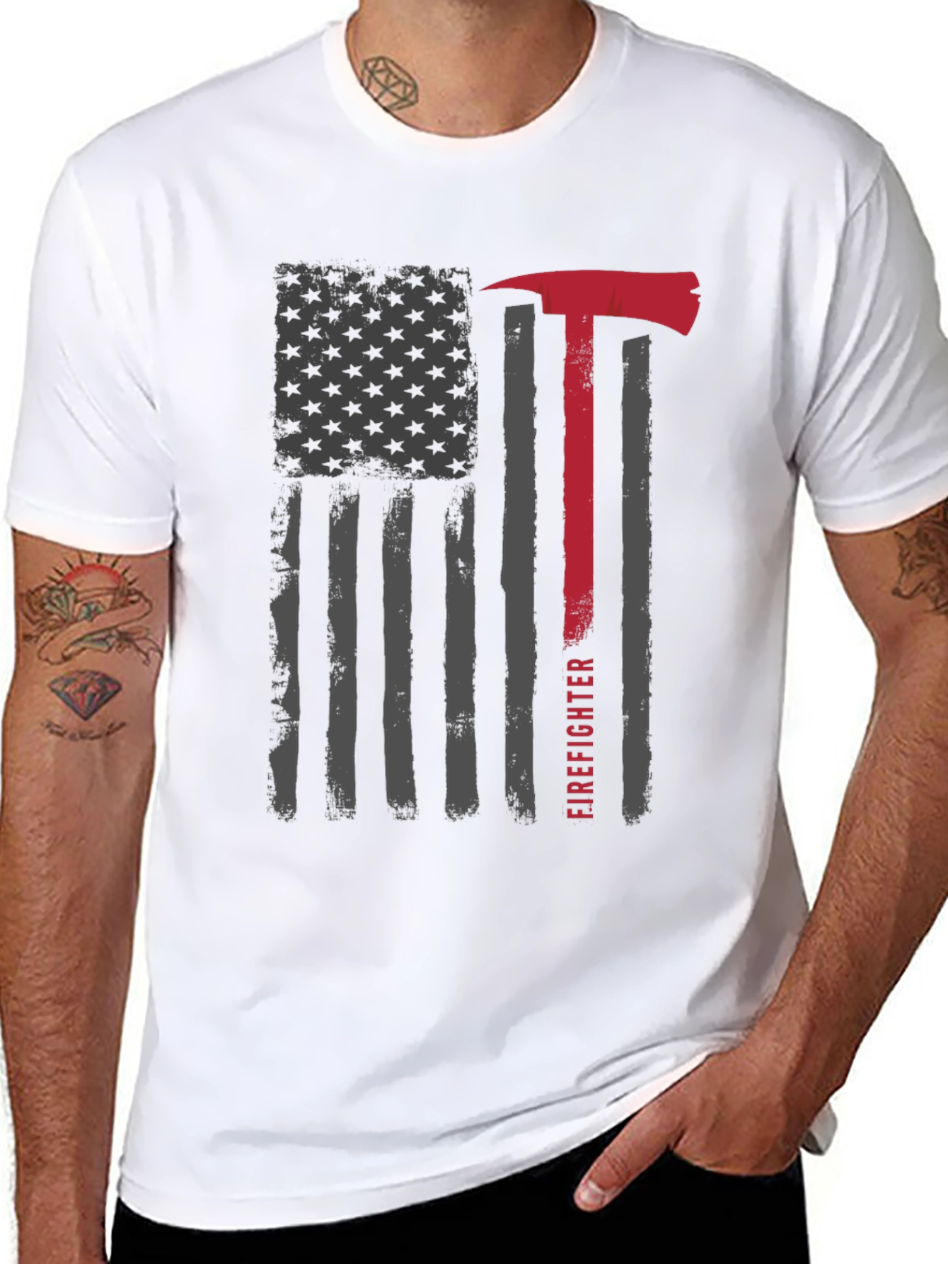 Firefighter Axe American Flag Graphic T-Shirt