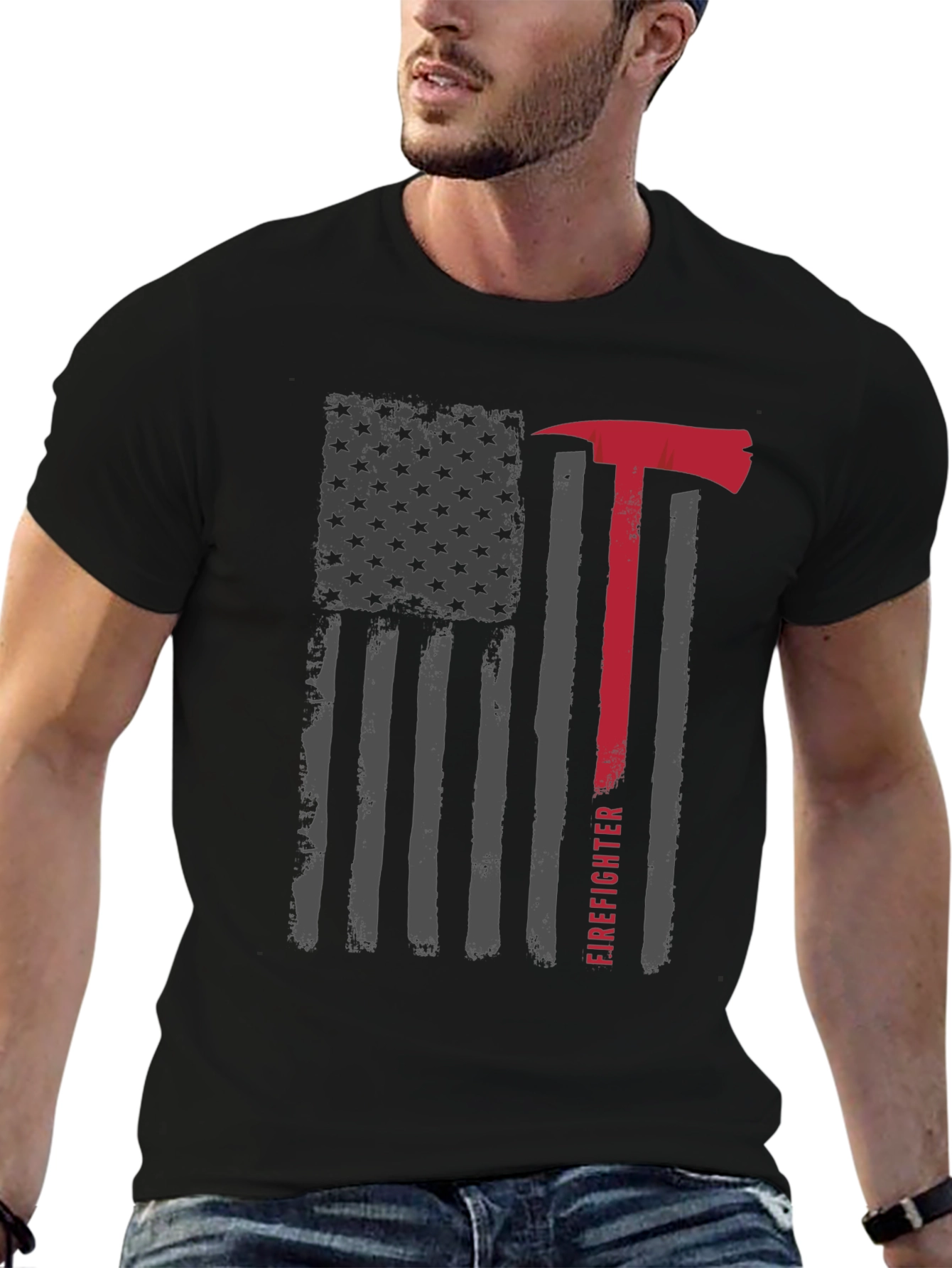 Firefighter Axe American Flag Graphic T-Shirt