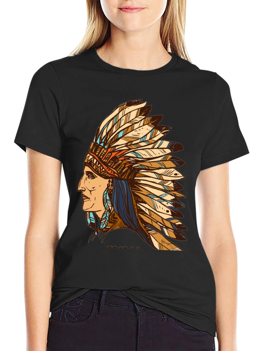 Black Indian Chief Feather Headdress Graphic T-Shirt